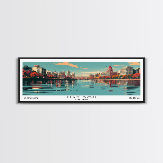 Madison Wisconsin Mid Century Modern Framed Canvas Print, Retro Pop Art Travel Poster, Home Decor, Living Room Art, Panoramic View