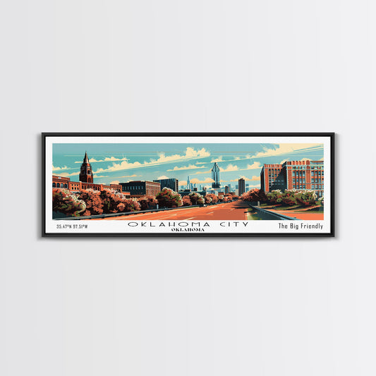 Oklahoma City Oklahoma Panoramic Wall Art, Mid Century Modern Framed Canvas Print, Retro Pop Art Travel Poster, Office Decor, Gift Idea