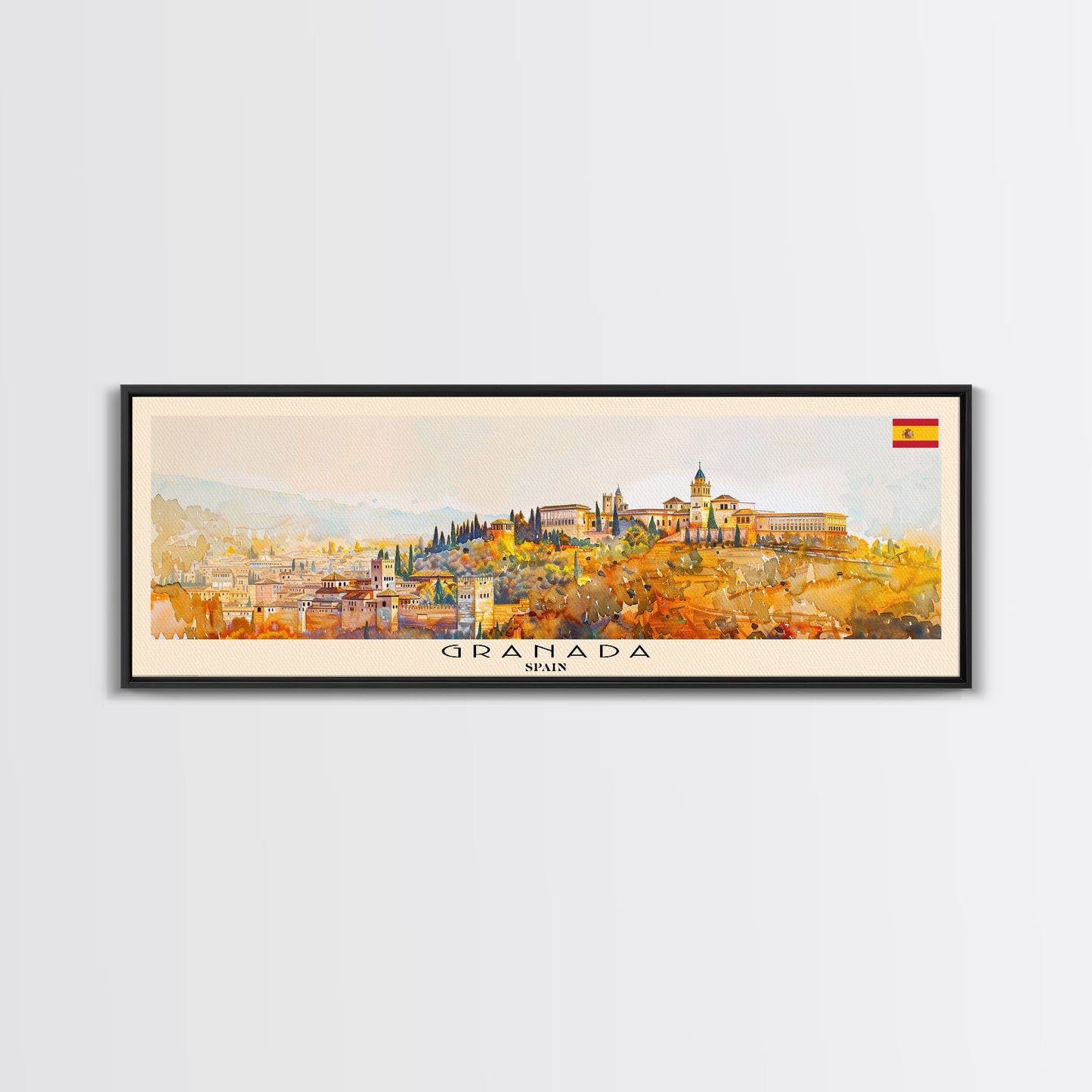 Granada Spain Panoramic Travel Poster, Framed Canvas Print or Metal Wall Art, Travel Art, Home Decor, Panoramic Painting, Midcentury Art