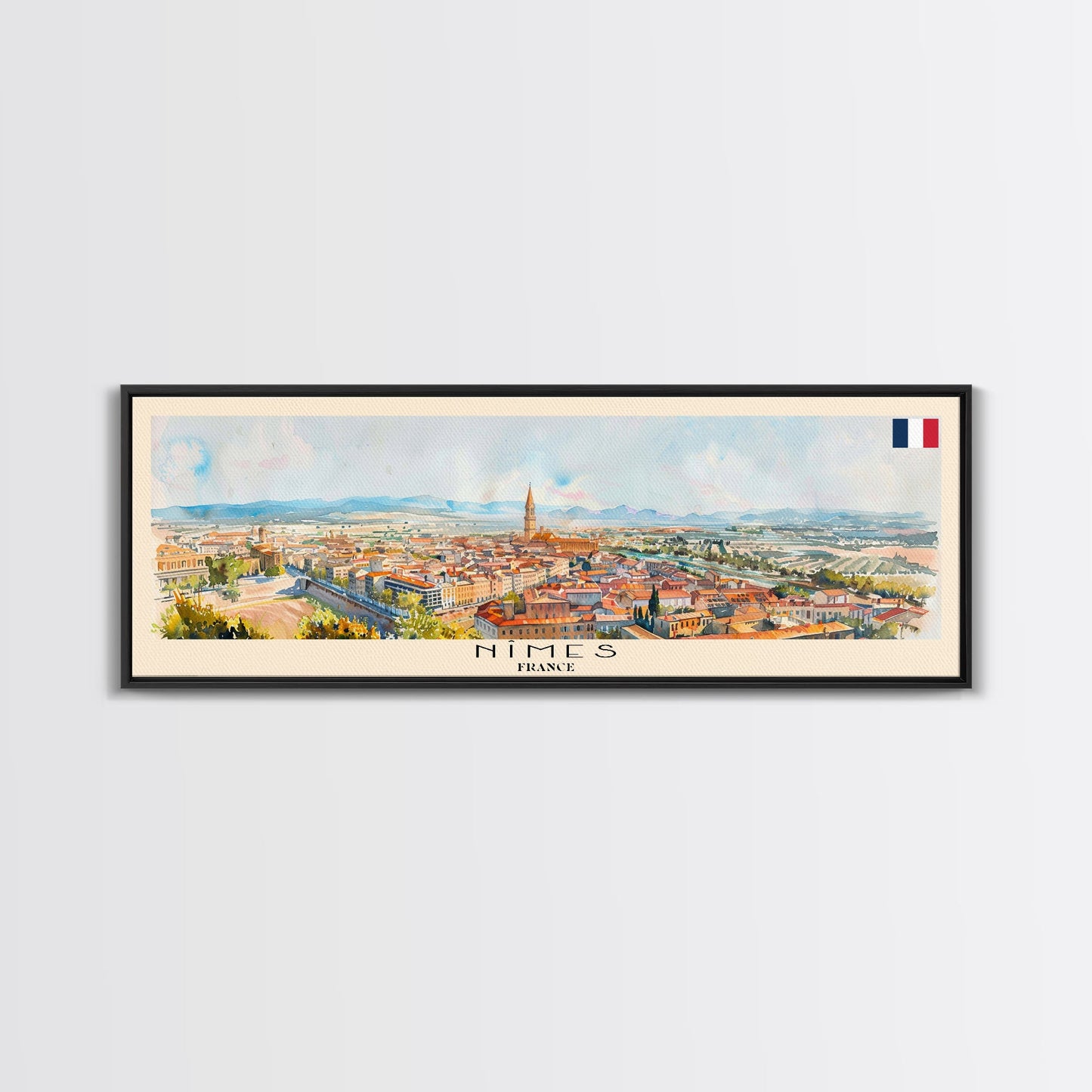 Nimes France Travel Art, City Art, Framed Canvas Print or Metal Wall Art, Europe Travel Poster, Panoramic Wall Art, Extra Wide Wall Art