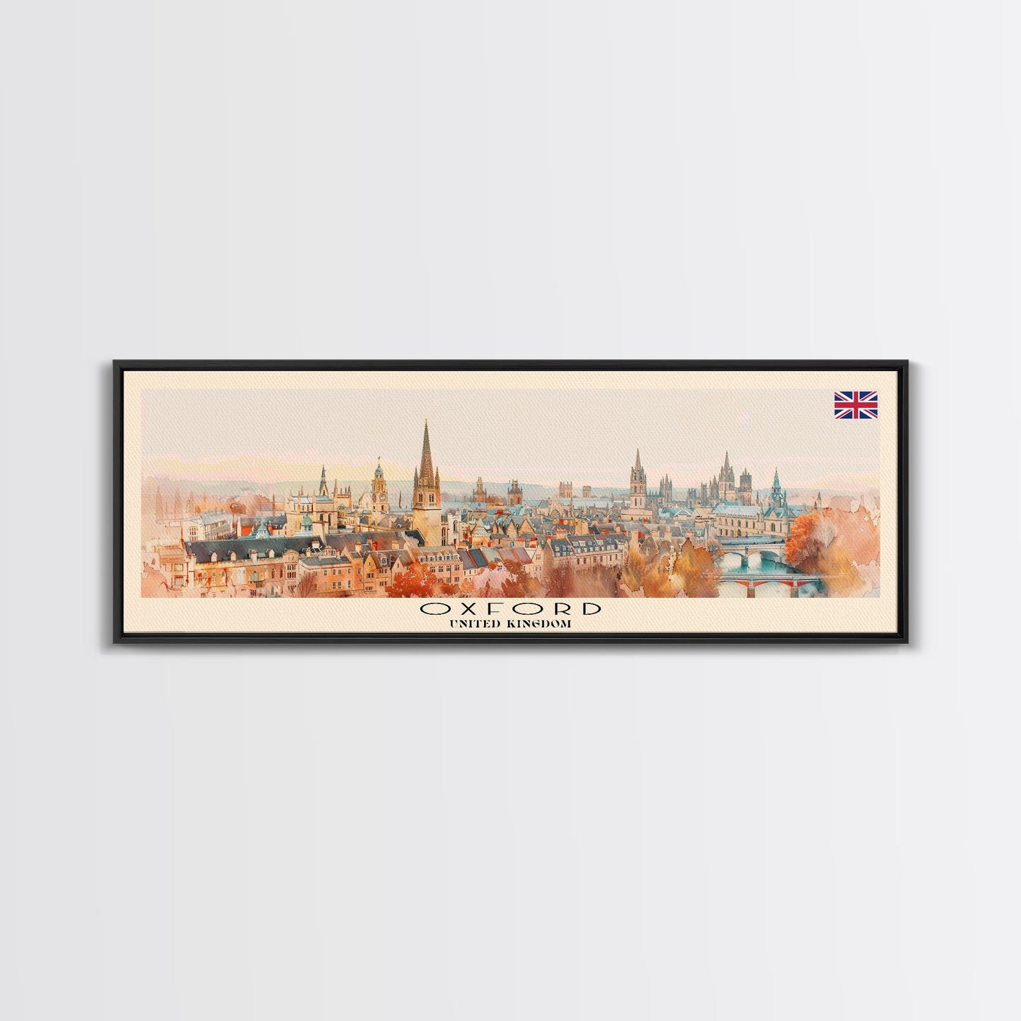 Oxford United Kingdom Panoramic Travel Poster, Framed Canvas Print or Metal Wall Art, Travel Art, Home Decor, Panoramic Painting, Midcentury Art