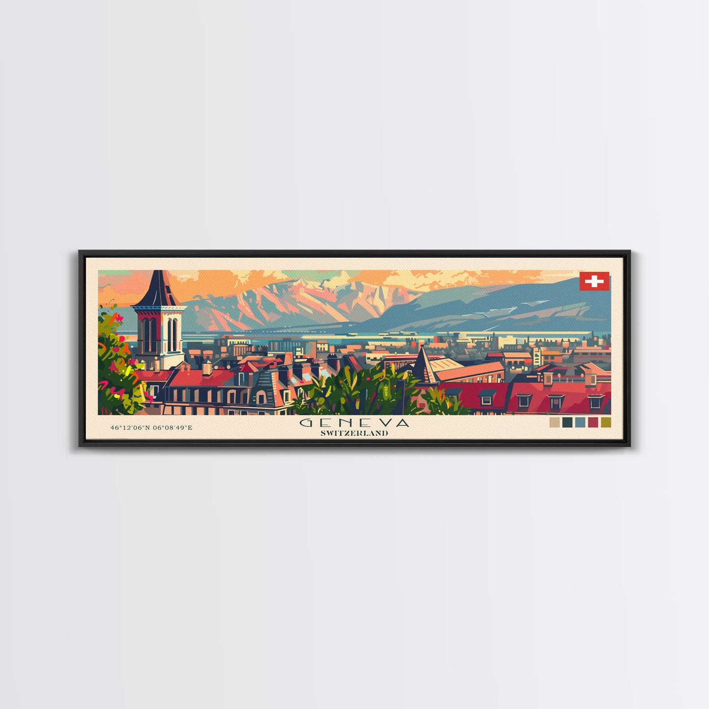 Geneva Switzerland Wall Art, Panoramic Travel Poster, Panoramic Framed Canvas Print, City Wall Art, Wall Hanging Home Decor, Travel Art