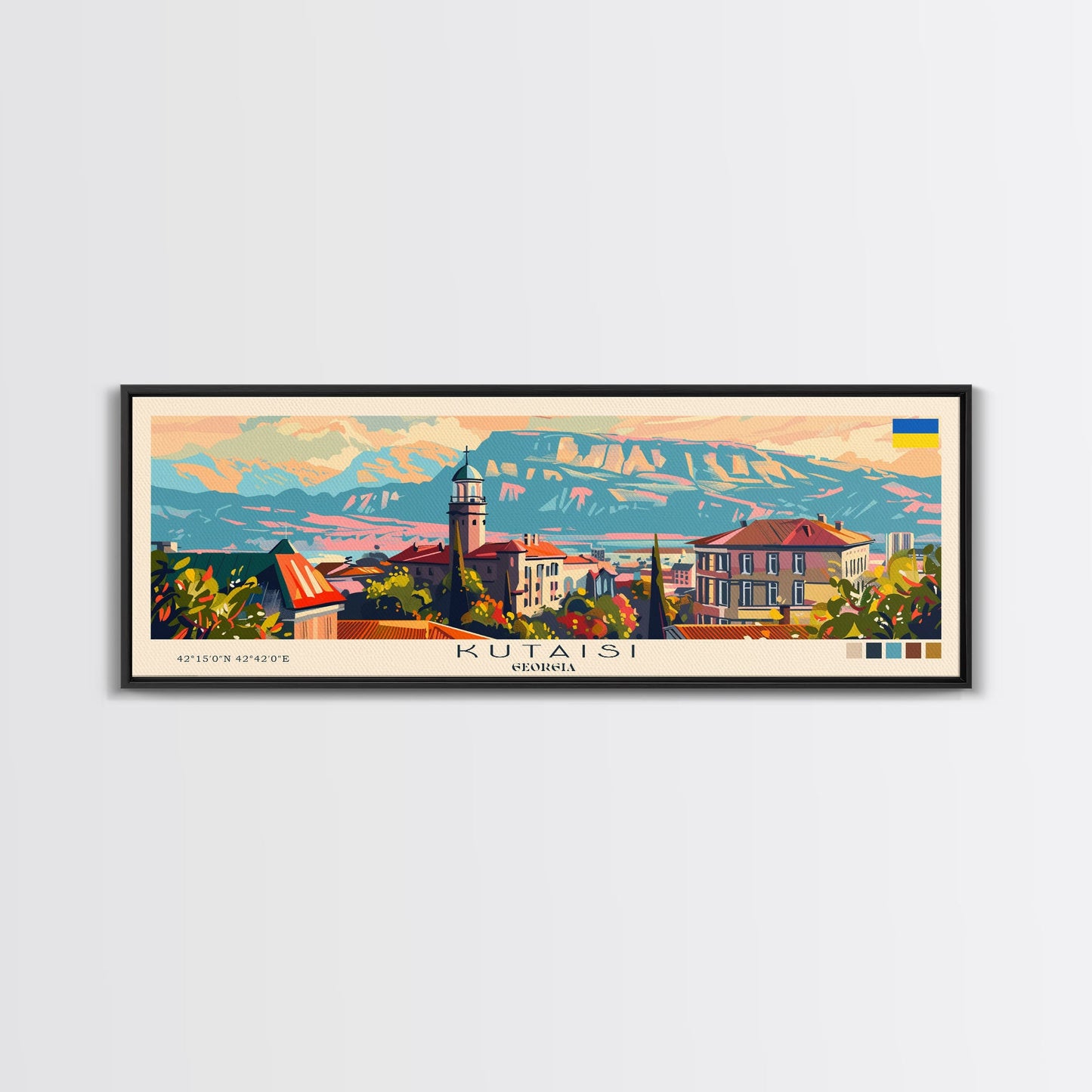 Kutaisi Georgia Panoramic Travel Poster, Framed Canvas Print or Metal Wall Art, Travel Art, Home Decor, Panoramic Painting, Midcentury Art