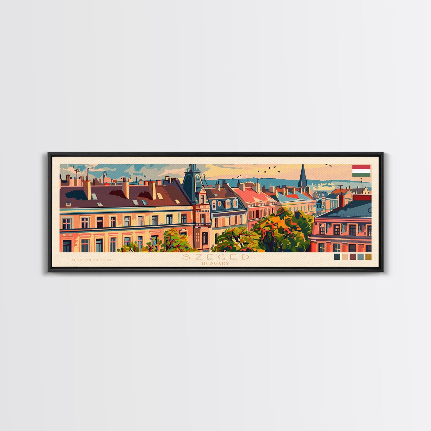Szeged Hungary Travel Art, City Art, Framed Canvas Print or Metal Wall Art, Europe Travel Poster, Panoramic Wall Art, Extra Wide Wall Art