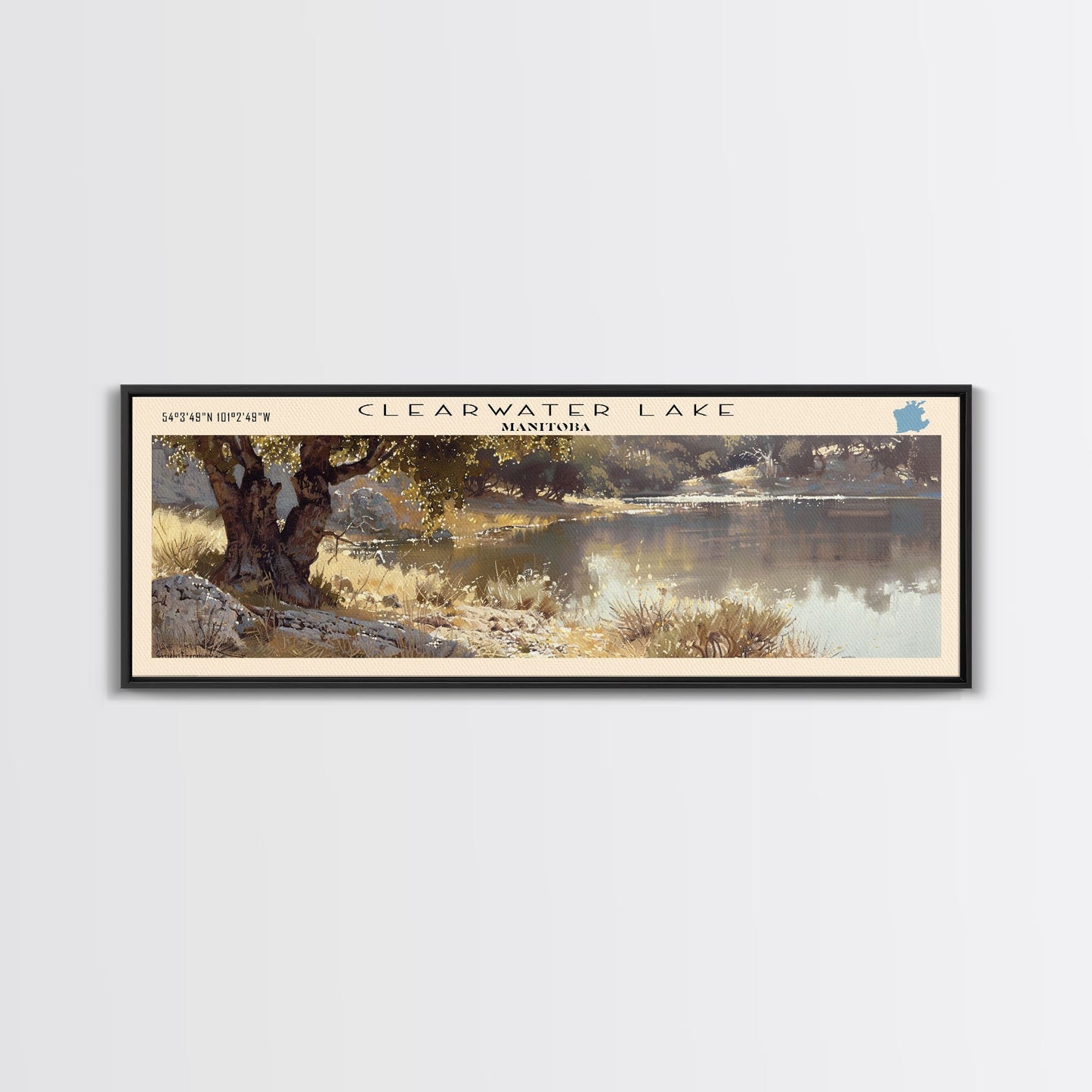 Clearwater Lake Framed Canvas Print, Lake House Art, Panoramic Travel Poster, Wide Wall Art, Modern Lake Painting, Home Decor