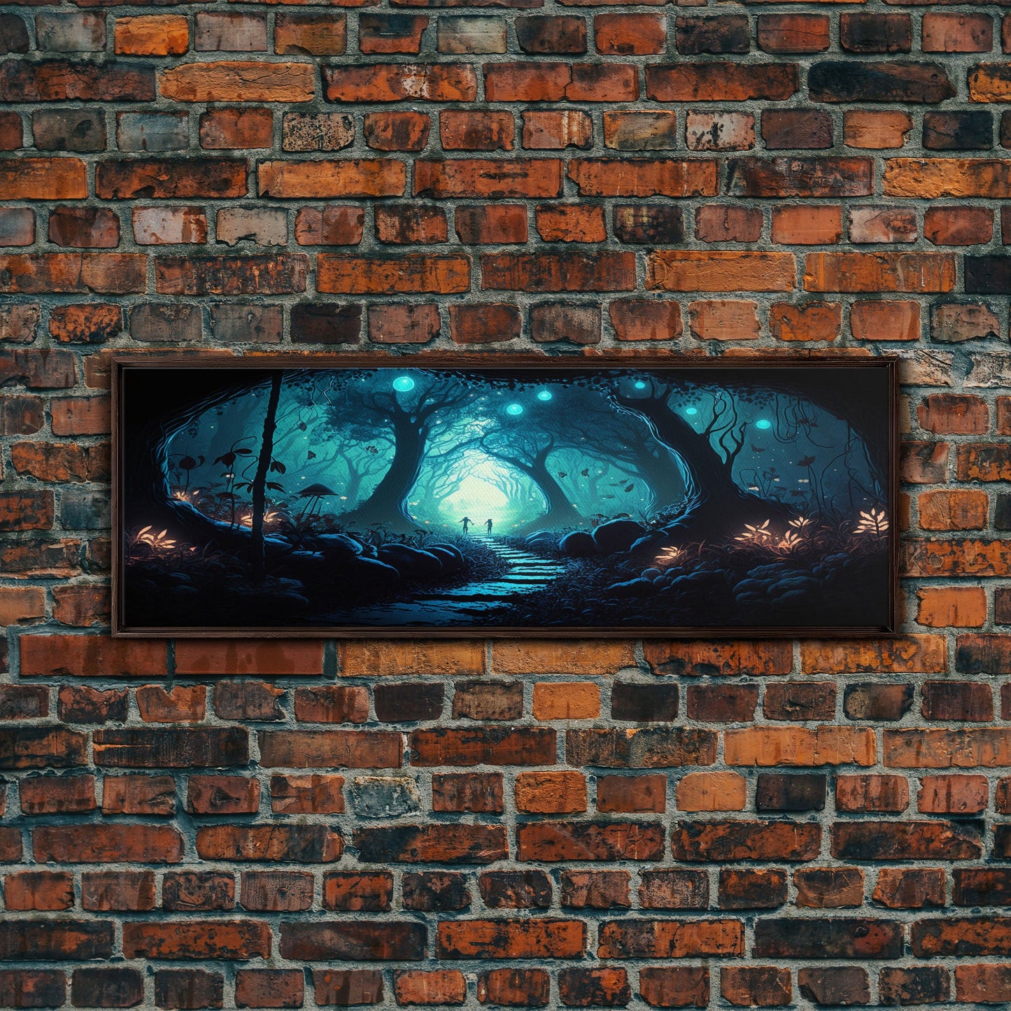 The mycelium Networrk, Fantasy Art, Framed Canvas Print, Bioluminescent Fantasy Forest At Night, Blue Glowing Ambience Art