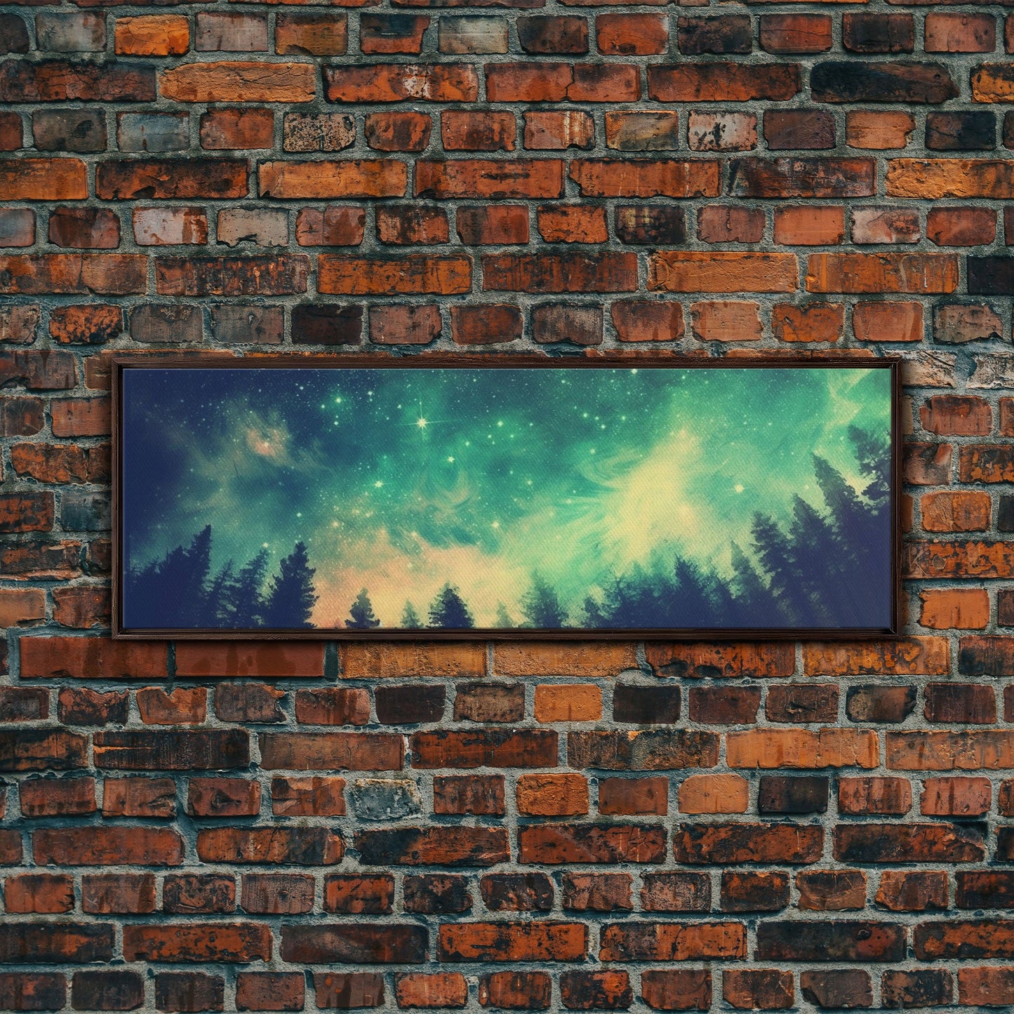 Green Night Sky Watercolor Art Print, Forest Canvas Art, Dark Forest Art, Starry Night Sky, Galaxy Art, Panoramic, Wall Art, Canvas Print