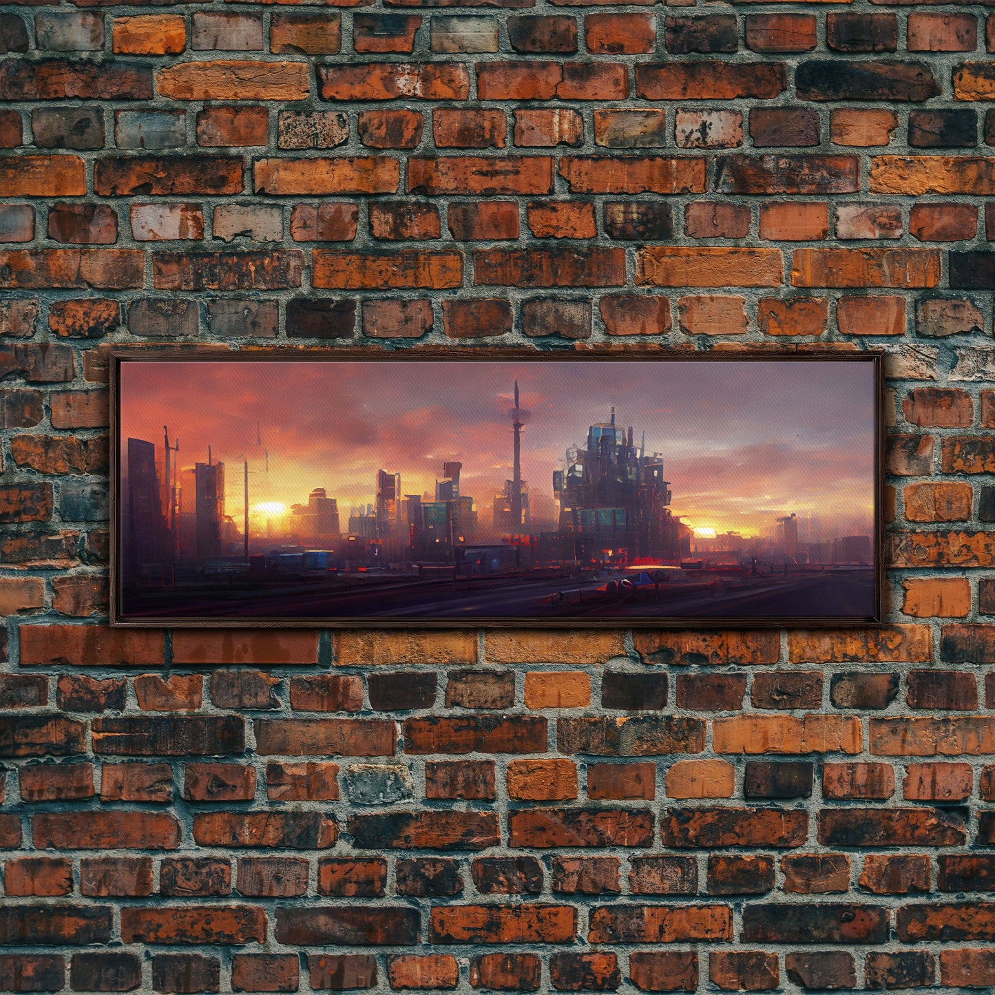 Cyberpunk City, Night City Watercolor, Ready To Hang Canvas Print, Panoramic, Videogame Concept Art, Watercolor Painting Of a Cyberpunk City