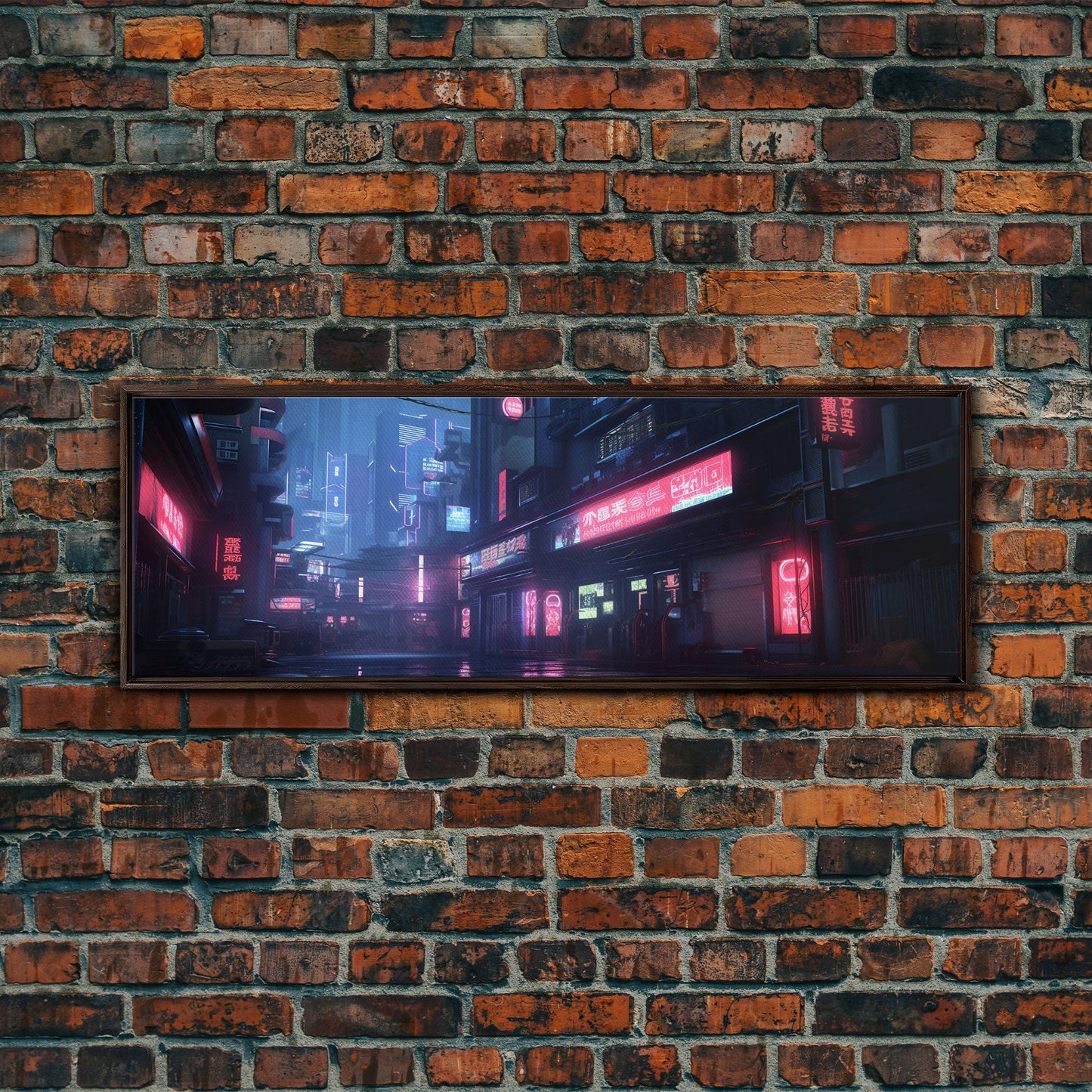 Neon Tokyo Streets, Futuristic Cyberpunk Cityscape Painting Framed Canvas Print, Game Room Decor, Framed Wall Art