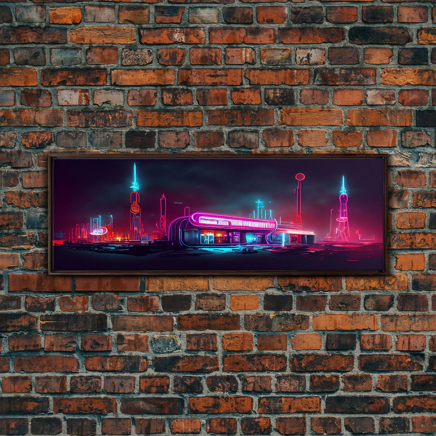 Neon Cyberpunk Atomic Age Diner, Extra Large Wall Art, Framed Panoramic Canvas Print, Framed Wall Art