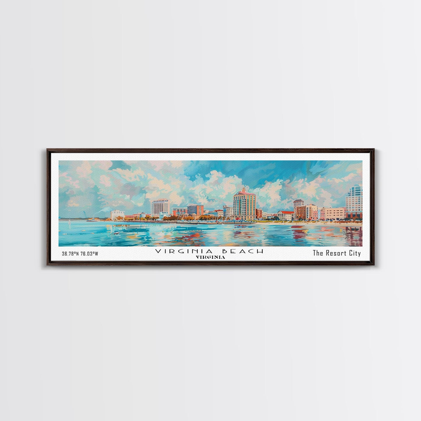Virginia Beach Virginia Panoramic Painting, Framed Canvas Print, Retro Style Travel Poster, Unique Home Decor, Artistic Office Wall Art