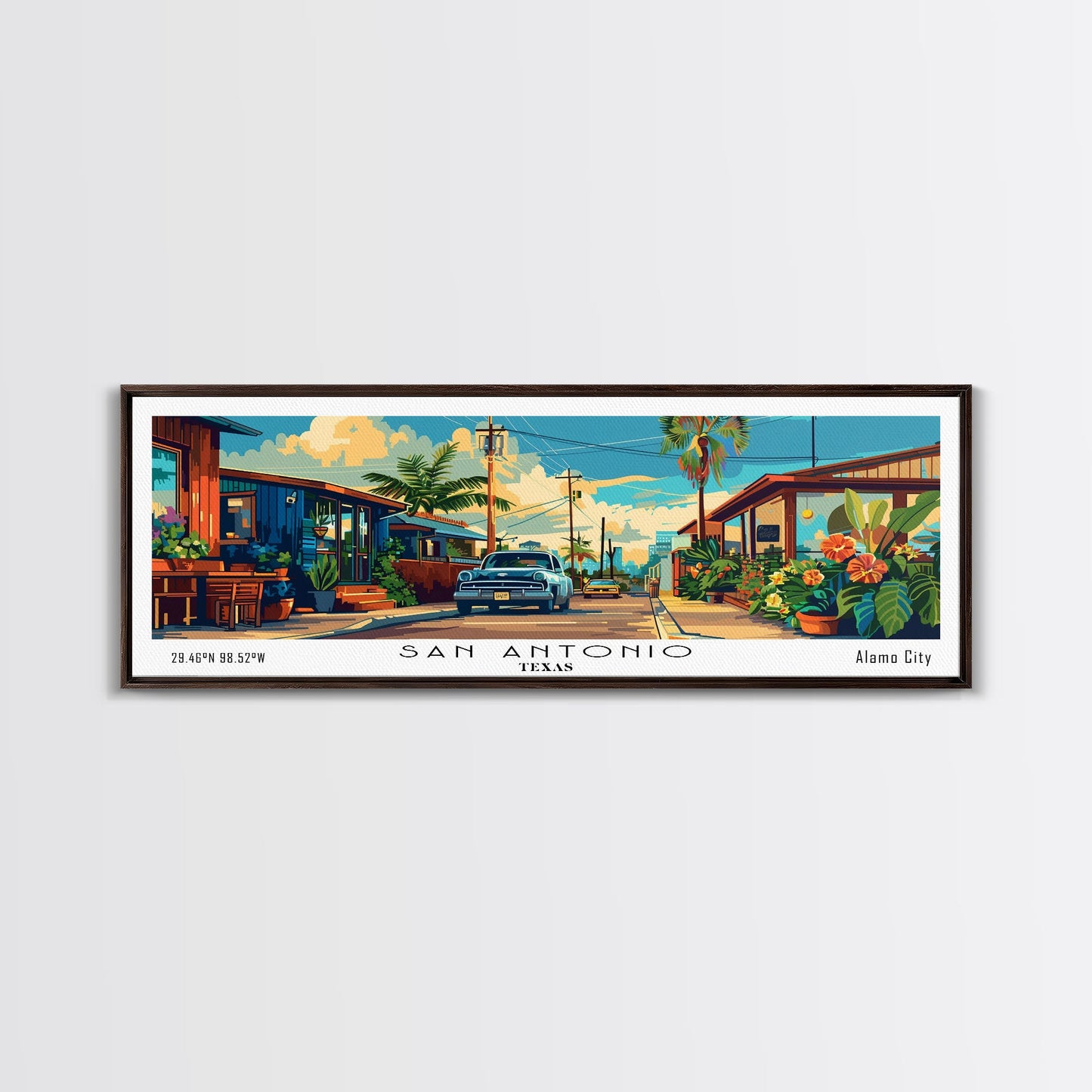 San Antonio Texas Panoramic Wall Art, Mid Century Modern Framed Canvas Print, Retro Pop Art Travel Poster, Home Decor