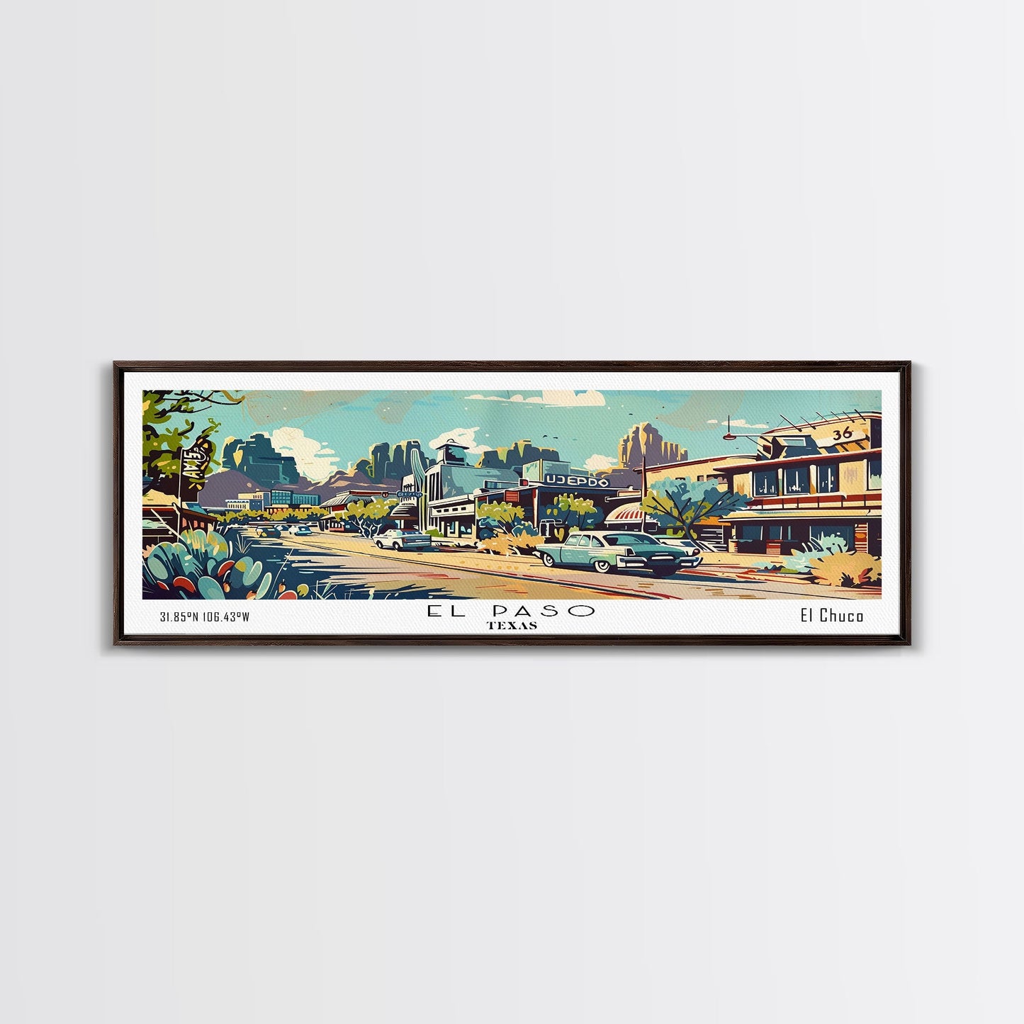 El Paso Texas Panoramic Wall Art, Retro Pop Art Framed Canvas Print, Mid Century Modern Travel Poster, Living Room Decor, Office Wall Art