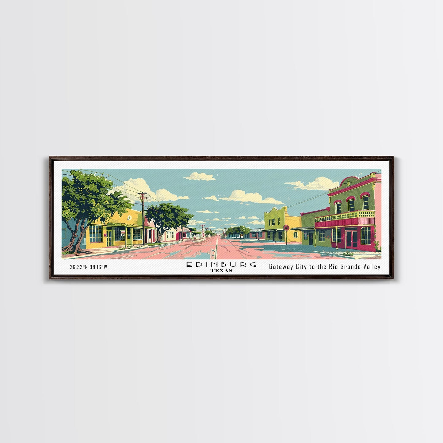 Edinburg Texas Panoramic Wall Art, Mid Century Modern Framed Canvas Print, Retro Pop Art Travel Poster, City Office Art, Living Room Decor