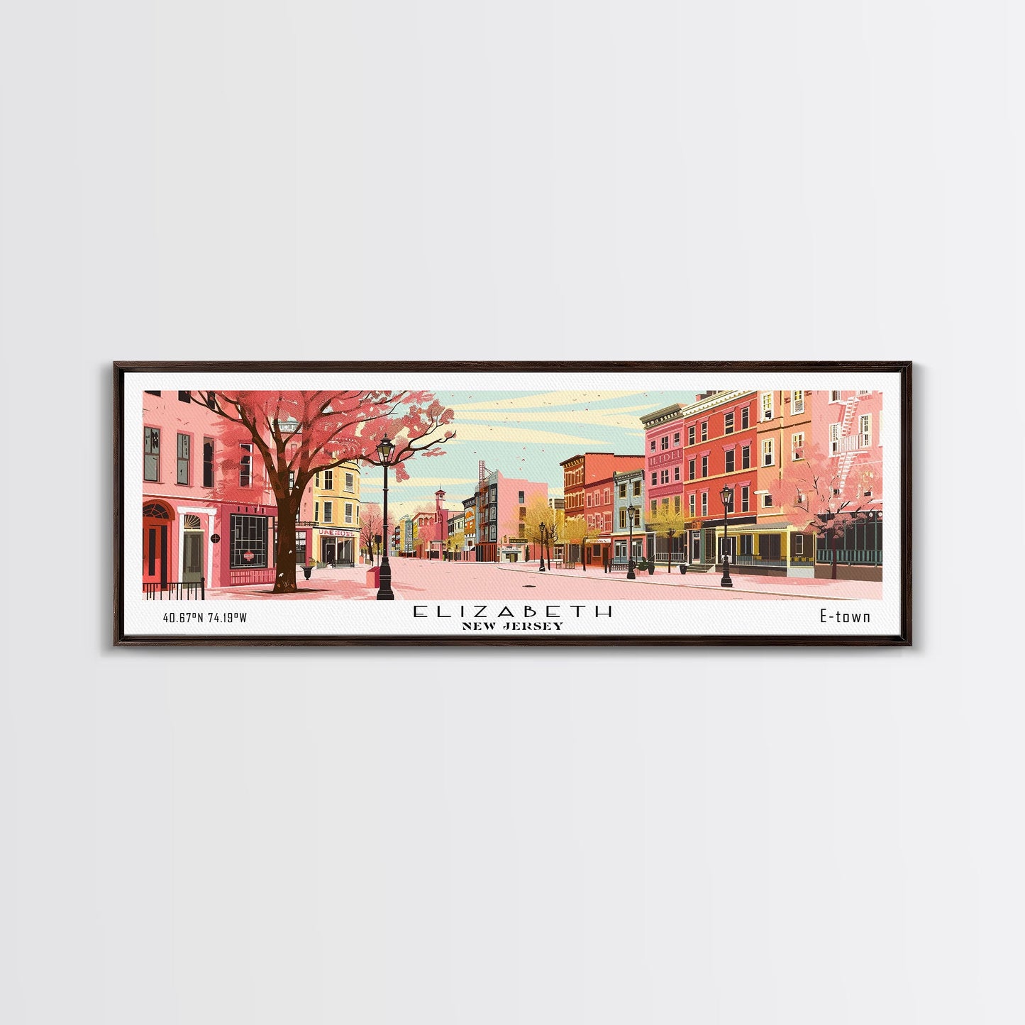 Elizabeth New Jersey Panoramic Wall Art, Mid Century Modern Framed Canvas Print, Retro Pop Art Travel Poster, City Home Decor, Office Art