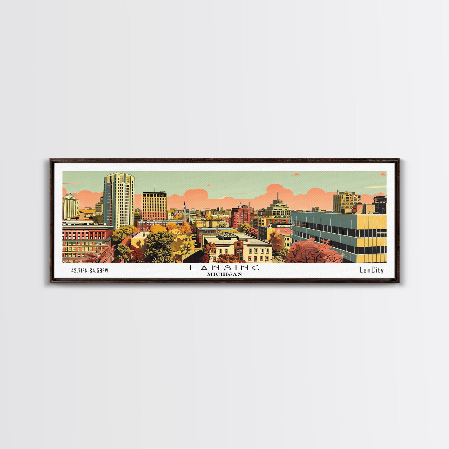 Lansing Michigan Panoramic Wall Art, Mid Century Modern Framed Canvas Print, Retro Pop Art Travel Poster, Living Room Decor