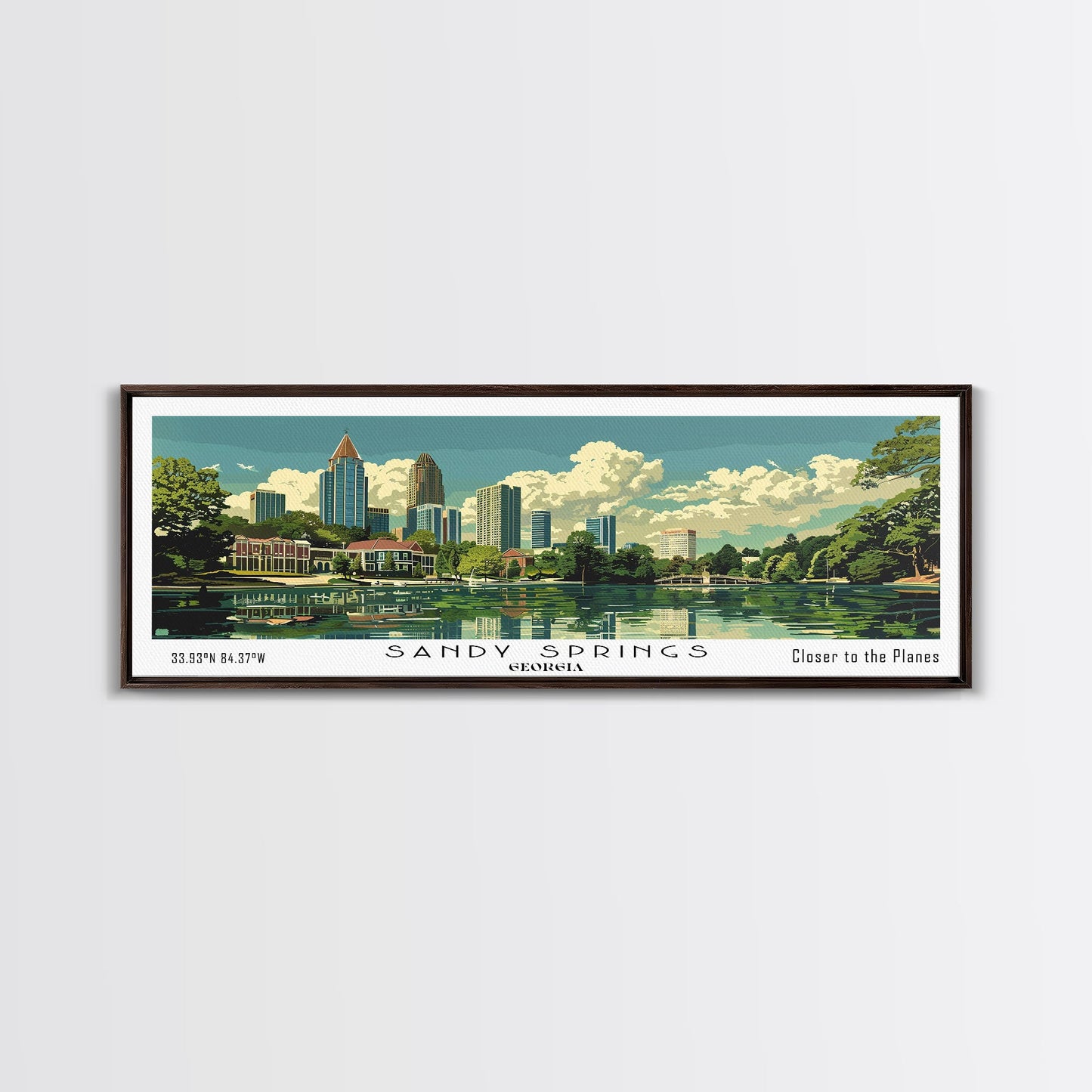 Sandy Springs Georgia Panoramic Painting, Mid Century Modern Framed Canvas Print, Retro Pop Art Travel Poster, City Art, Office Wall Decor, Living Room Art