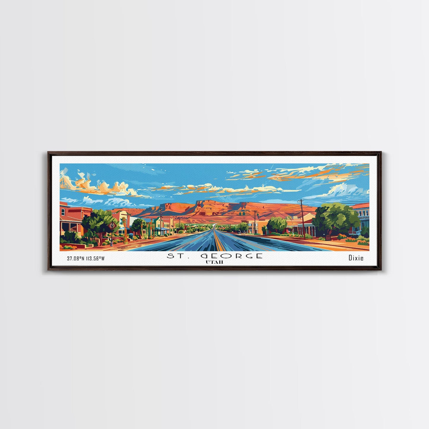 St. George Utah Panoramic Wall Art, Mid Century Modern Framed Canvas Print, Retro Pop Art Travel Poster, Office Wall Decor and Gift Idea