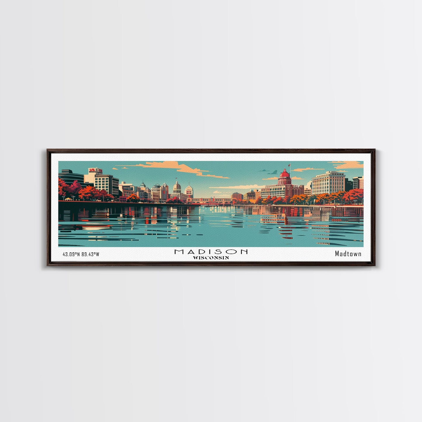 Madison Wisconsin Mid Century Modern Framed Canvas Print, Retro Pop Art Travel Poster, Home Decor, Living Room Art, Panoramic View