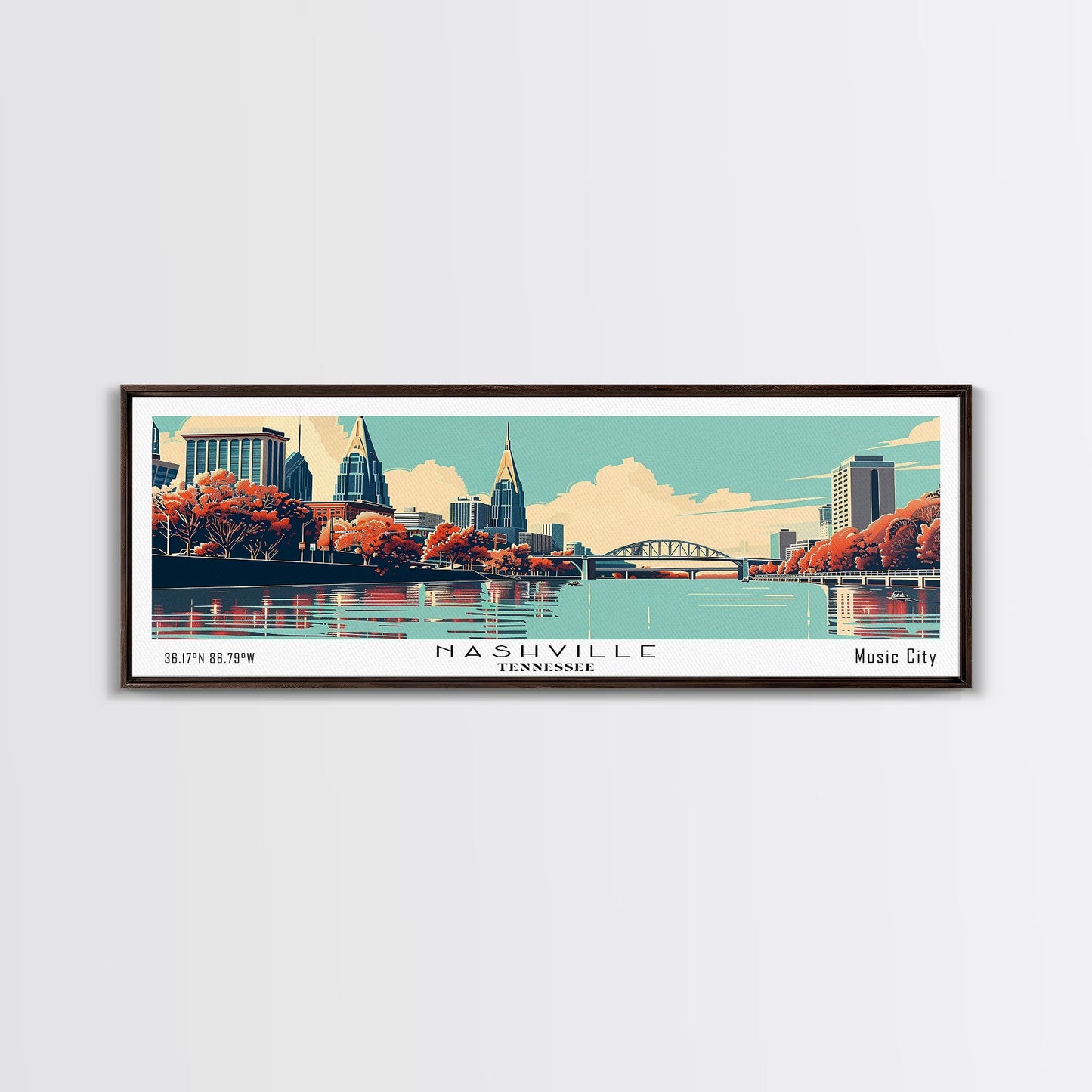 Nashville Tennessee Panoramic Painting, Mid Century Modern Framed Canvas Print, Retro Pop Art Travel Poster, Living Room Decor, City Art