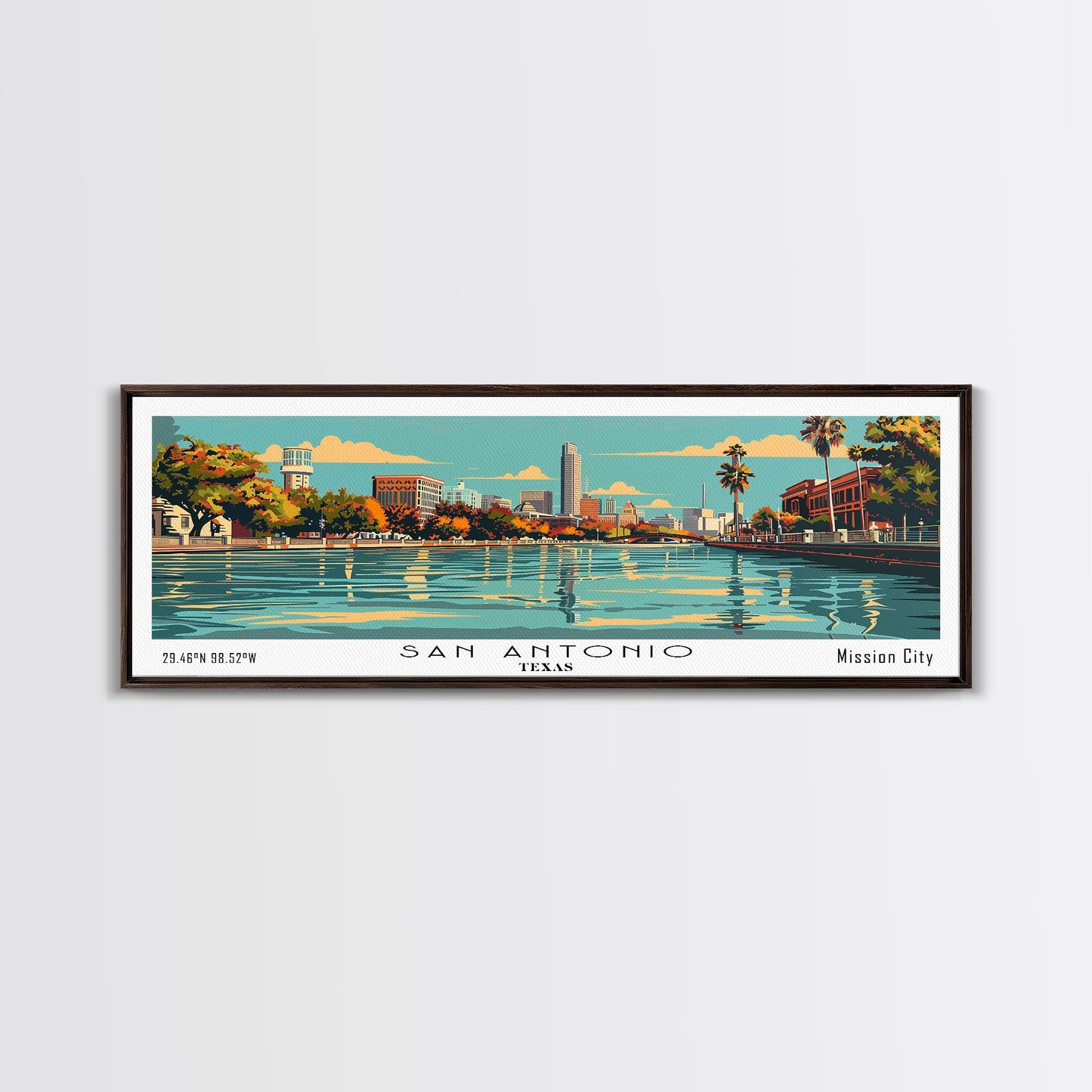 San Antonio Texas Panoramic Painting, Mid Century Modern Framed Canvas Print, Retro Pop Art Travel Poster, Cityscape, Home Decor, Office Wall Art