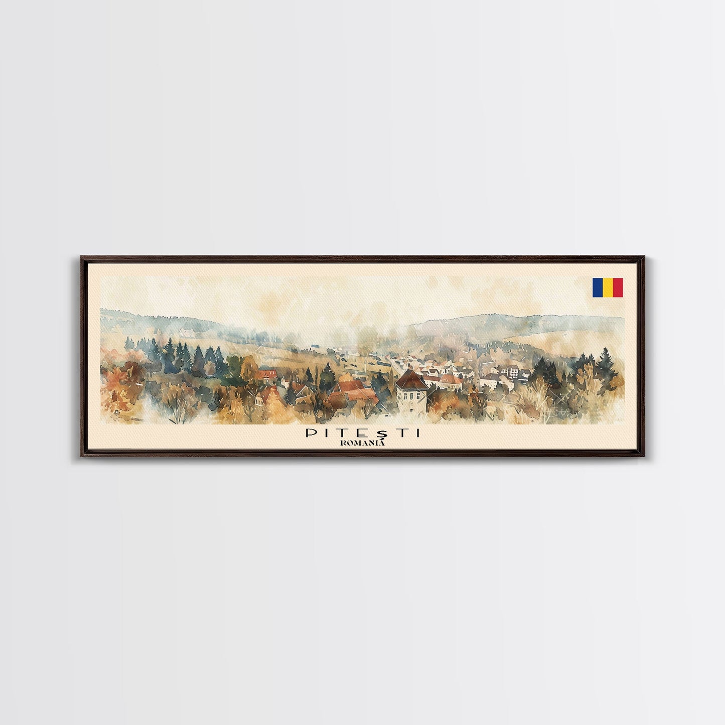Piteti Romania Panoramic Travel Poster, Framed Canvas Print or Metal Wall Art, Travel Art, Home Decor, Panoramic Painting, Midcentury Art
