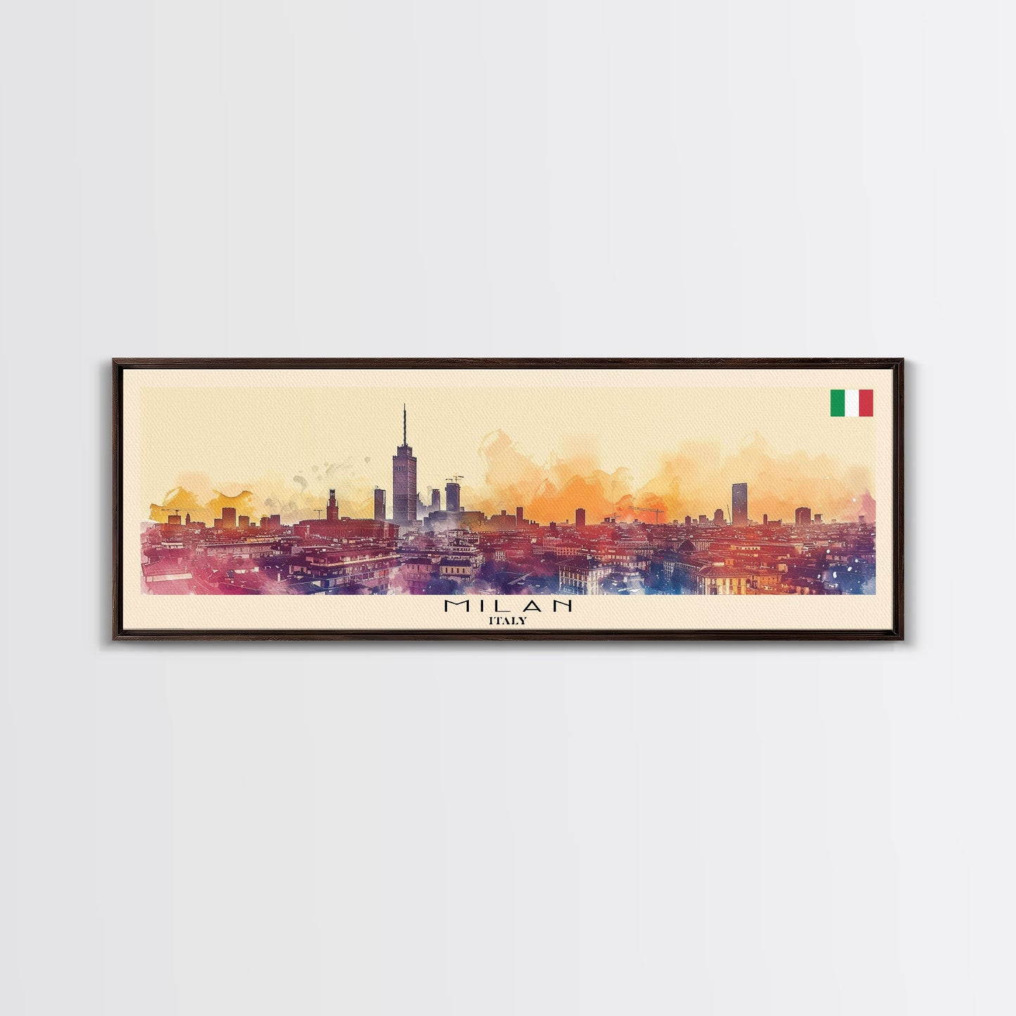 Milan Italy Panoramic Travel Poster, Framed Canvas Print or Metal Wall Art, Travel Art, Home Decor, Panoramic Painting, Midcentury Art