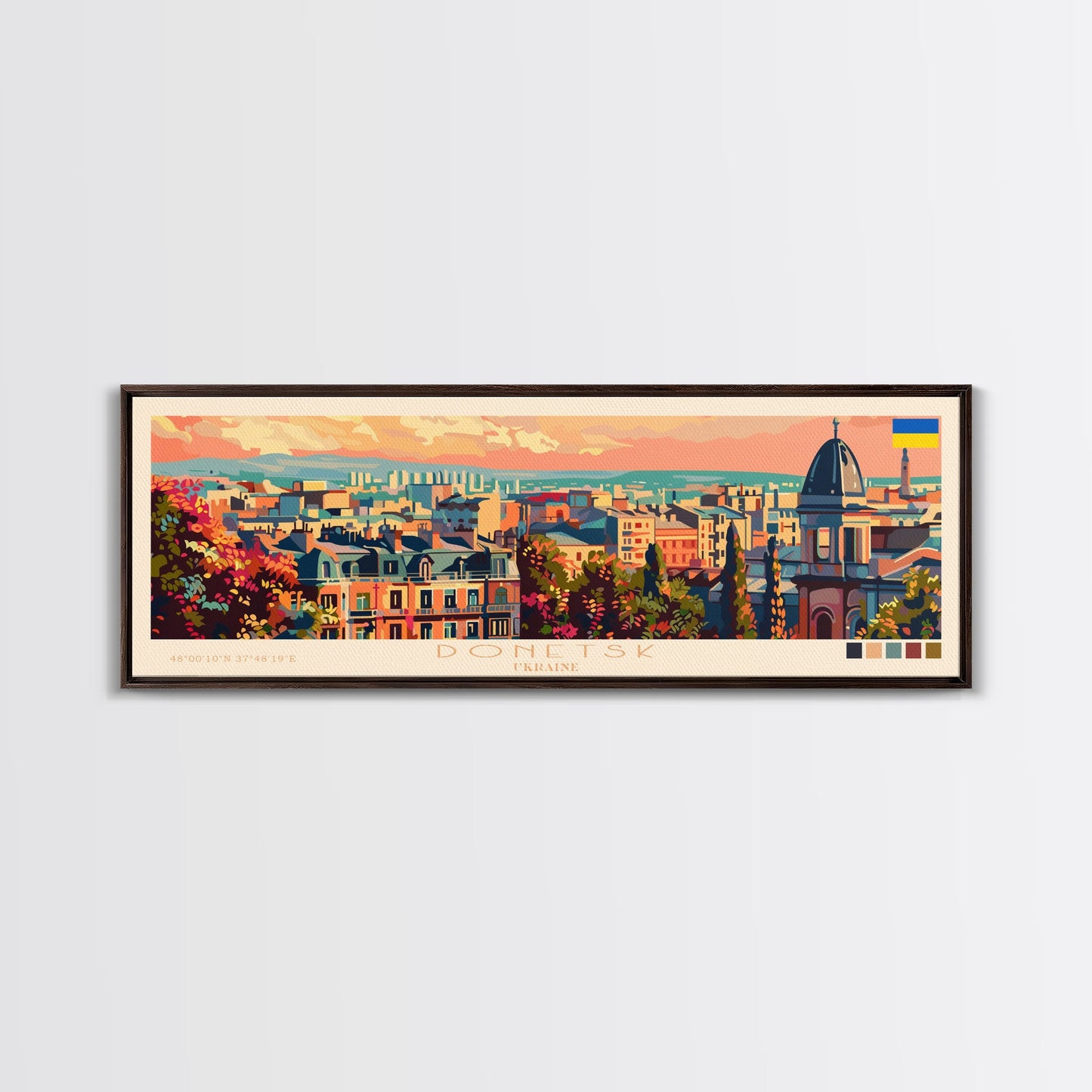 Donetsk Ukraine Panoramic Travel Poster, Framed Canvas Print or Metal Wall Art, Travel Art, Home Decor, Panoramic Painting, Midcentury Art