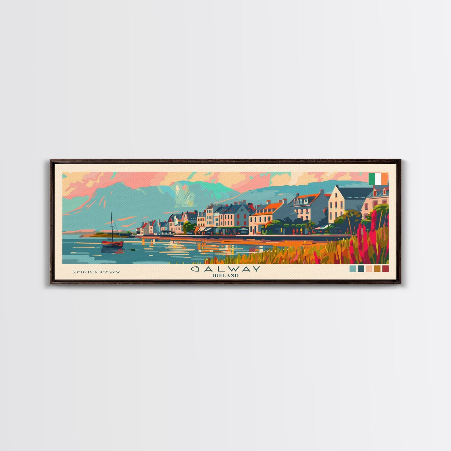 Galway Ireland Panoramic Travel Poster, Framed Canvas Print or Metal Wall Art, Travel Art, Home Decor, Panoramic Painting, Midcentury Art
