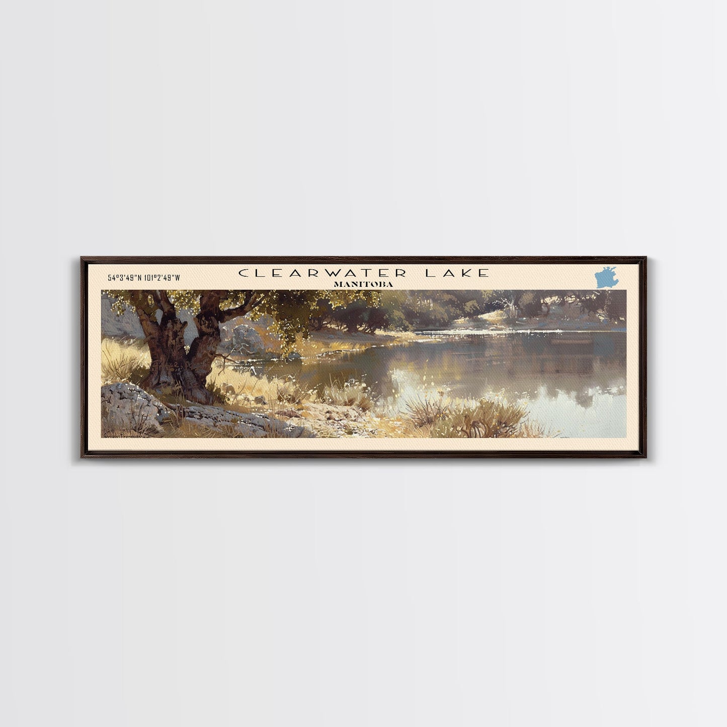 Clearwater Lake Framed Canvas Print, Lake House Art, Panoramic Travel Poster, Wide Wall Art, Modern Lake Painting, Home Decor