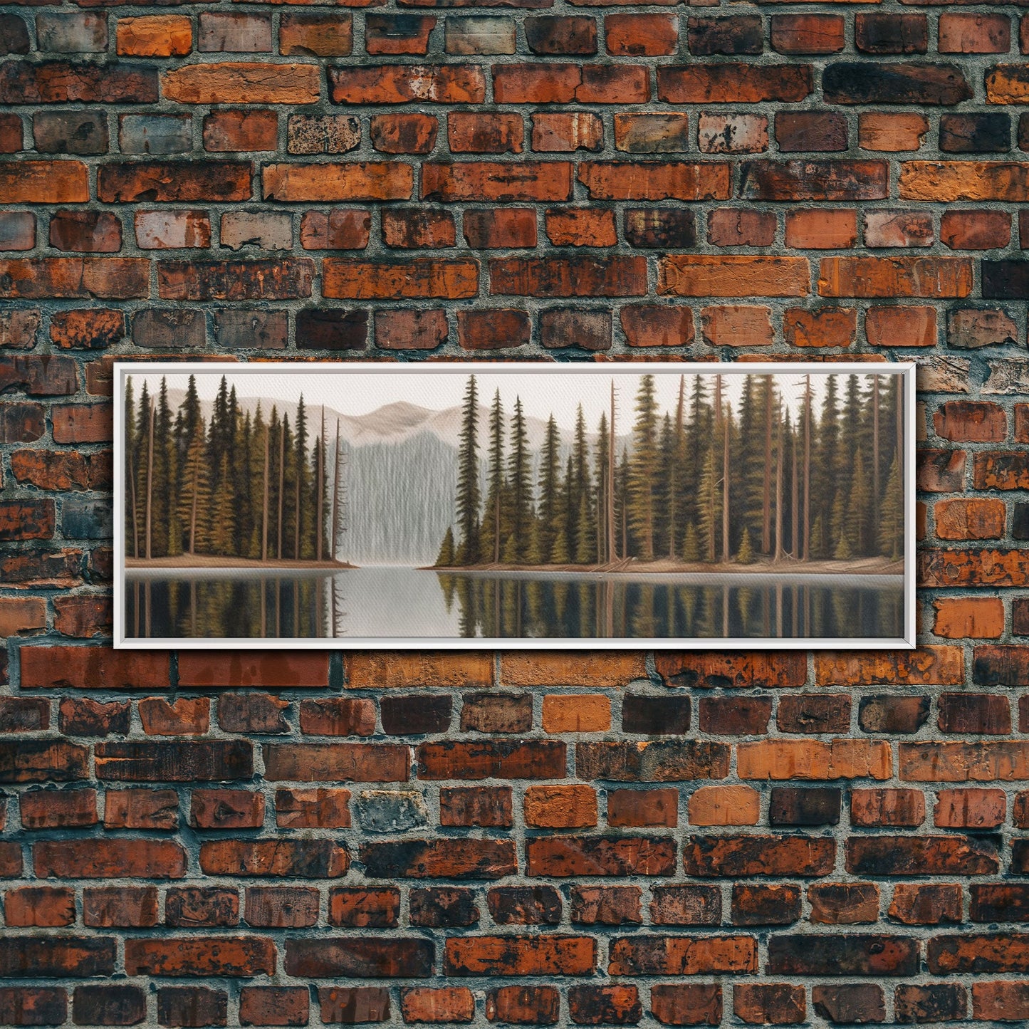 River Colored Pencil Landscape Wall Art Print, Lake, Trees, Mountain, Reflection, Large Canvas Art Print, Panoramic, Wall Art, Canvas Print