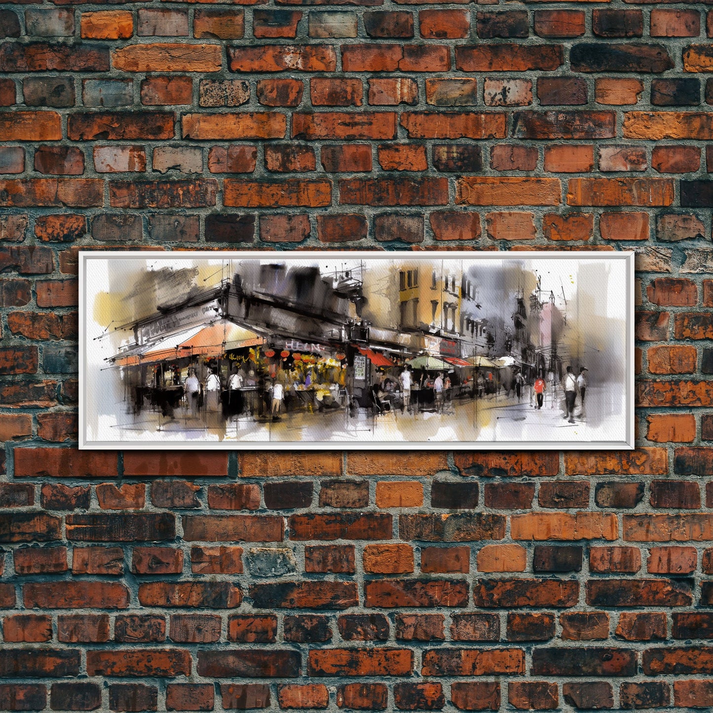 Watercolor Market Wall Art, Abstract Canvas Print, Urban Art, Large Art Print, Framed Canvas Print, Panoramic, Wall Art, Canvas Print