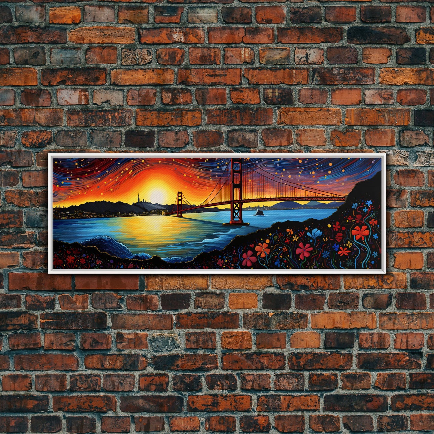 Golden Gate Bridge San Francisco Abstract Panoramic Framed Canvas Print, Van Gogh Inspired Original Painting, Colorful California Wall Art