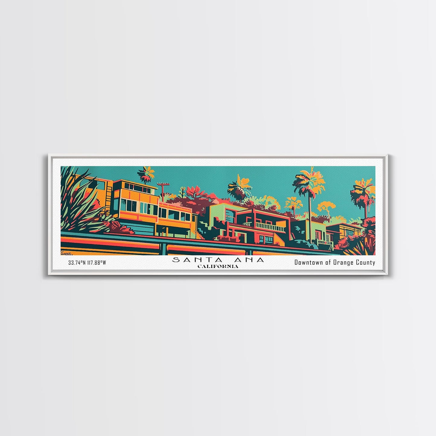 Santa Ana California Panoramic Wall Art Framed Canvas Print, Travel Poster, Mid Century Modern Art, Pop Art Style, Wall Decor, Office Wall Art