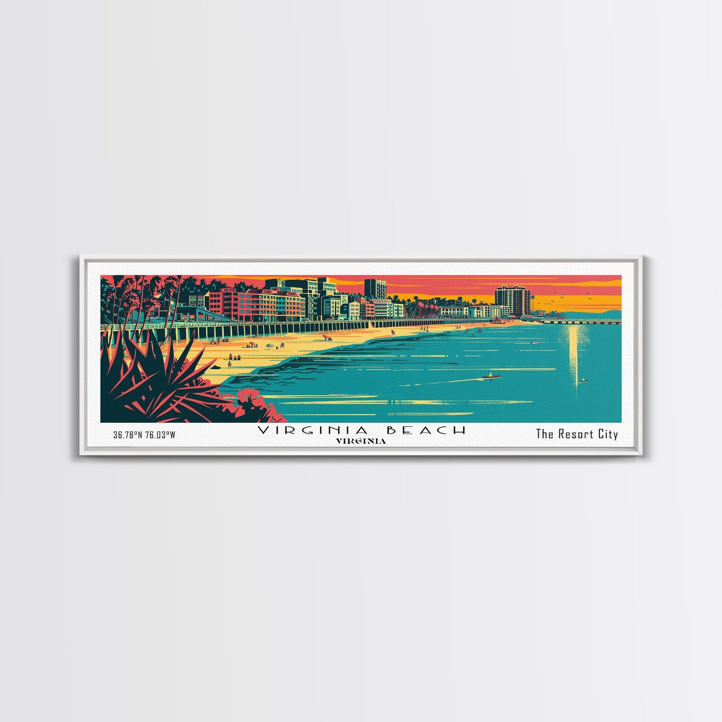 Virginia Beach Virginia Panoramic Travel Poster Framed Canvas Print, Mid Century Modern Art, Pop Art Style, Wall Art, Home Decor, Retro Style Art