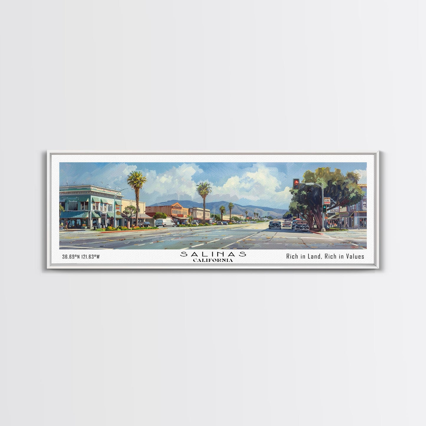 Salinas California Panoramic Print, Artistic Framed Canvas Print, Travel Poster Art, Home Decor, Living Room Wall Art