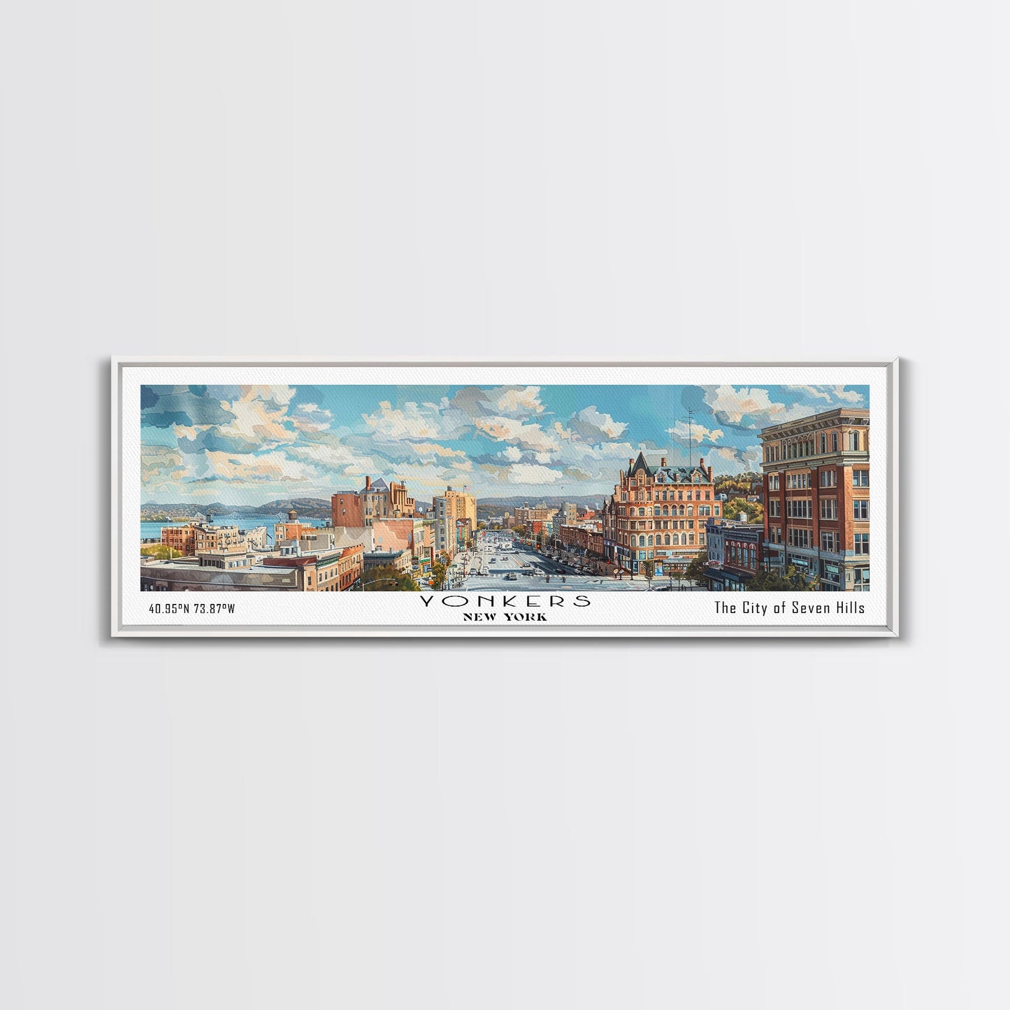 Yonkers New York Panoramic Framed Canvas Print, Retro Style Travel Poster, Artistic Wall Art, Unique Office Decor, Living Room Gift