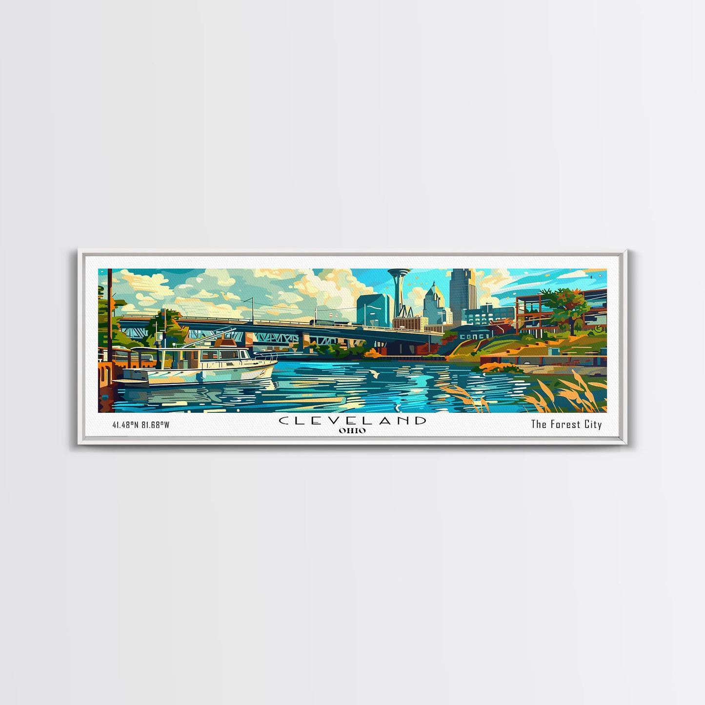Cleveland Ohio Panoramic Wall Art Framed Canvas Print, Mid Century Modern Art, Pop Art Style, Travel Poster, Home Decor, Retro Style