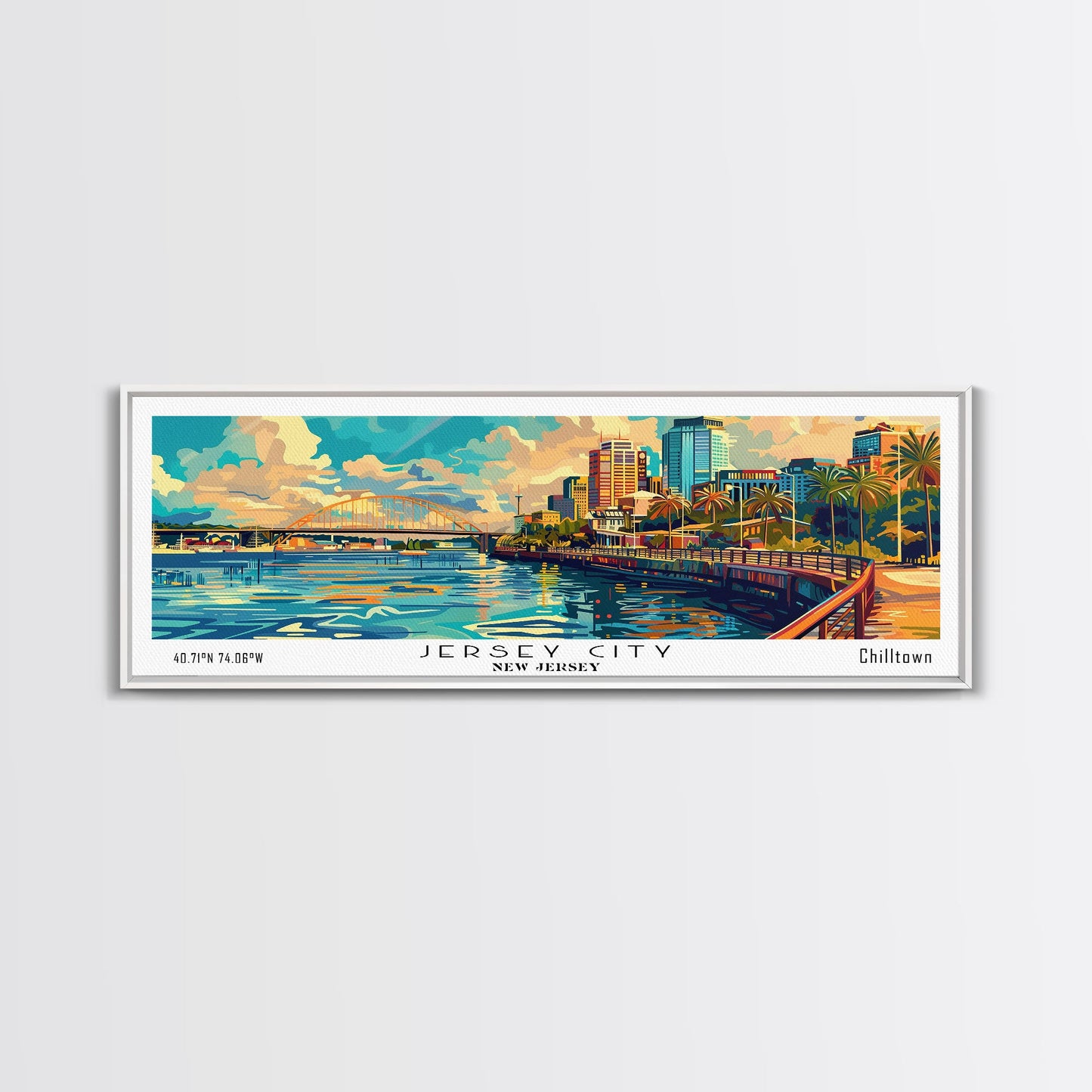 Jersey City New Jersey Panoramic Framed Canvas Print, Retro Style Wall Art, Mid Century Modern Home Decor, Pop Art Travel Poster