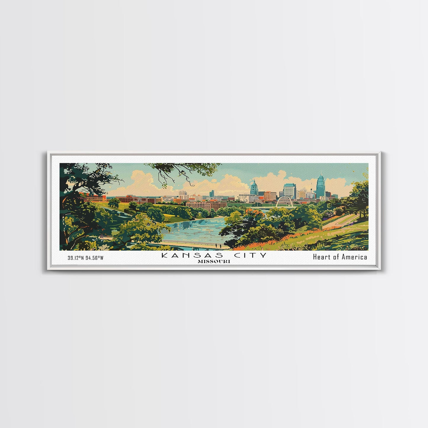 Kansas City Missouri Panoramic Painting, Mid Century Modern Framed Canvas Print, Retro Pop Art Travel Poster, Living Room Decor