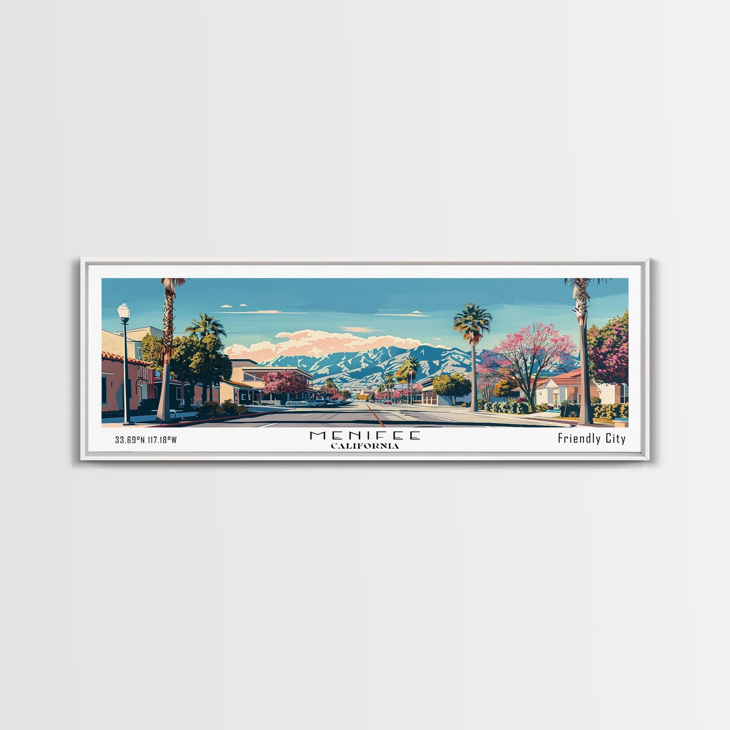 Menifee California Panoramic Wall Art, Mid Century Modern Framed Canvas Print, Retro Pop Art Travel Poster, Living Room Art