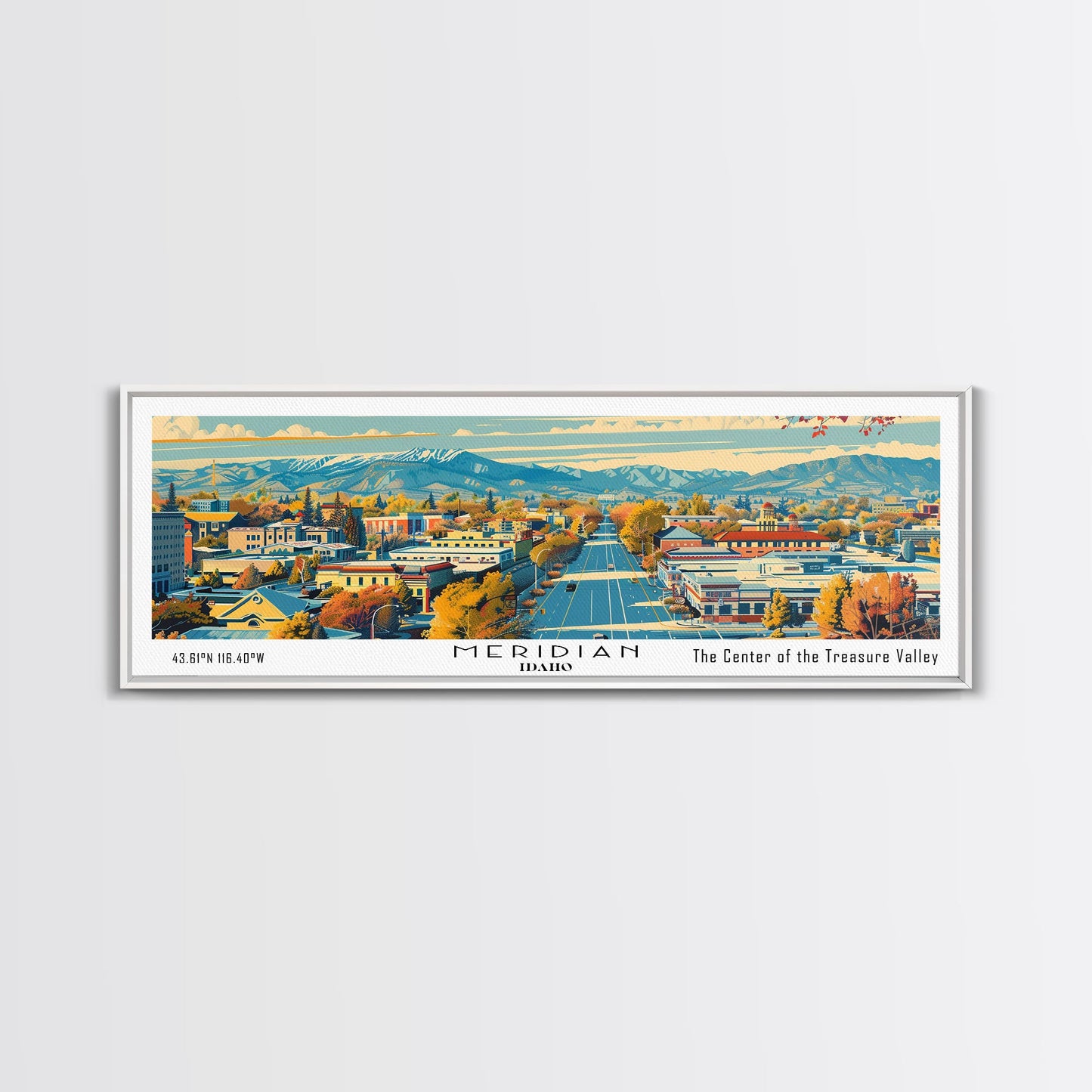 Meridian Idaho Panoramic Painting, Mid Century Modern Framed Canvas Print, Retro Pop Art Travel Poster, Home Decor