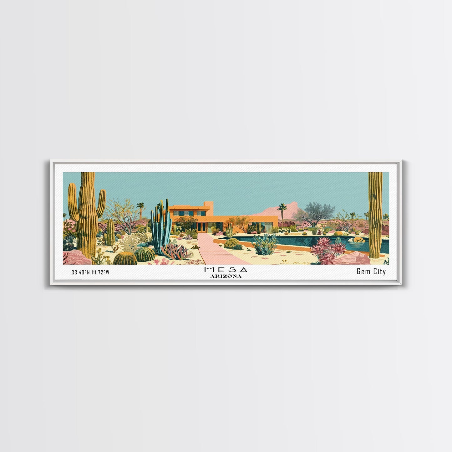 Mesa Arizona Panoramic Painting, Mid Century Modern Framed Canvas Print, Retro Pop Art Travel Poster, Office Wall Art