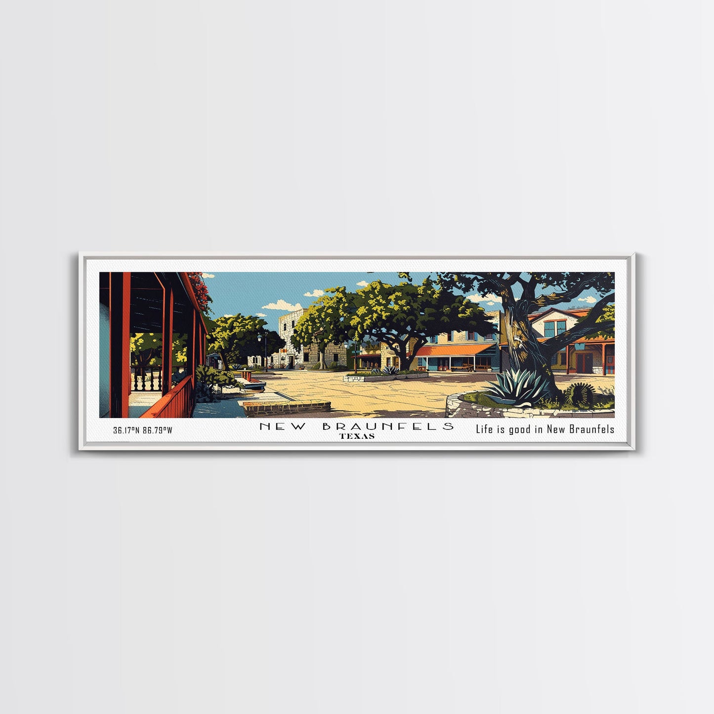 New Braunfels Texas Panoramic Painting, Mid Century Modern Framed Canvas Print, Retro Pop Art Travel Poster, Home Wall Art