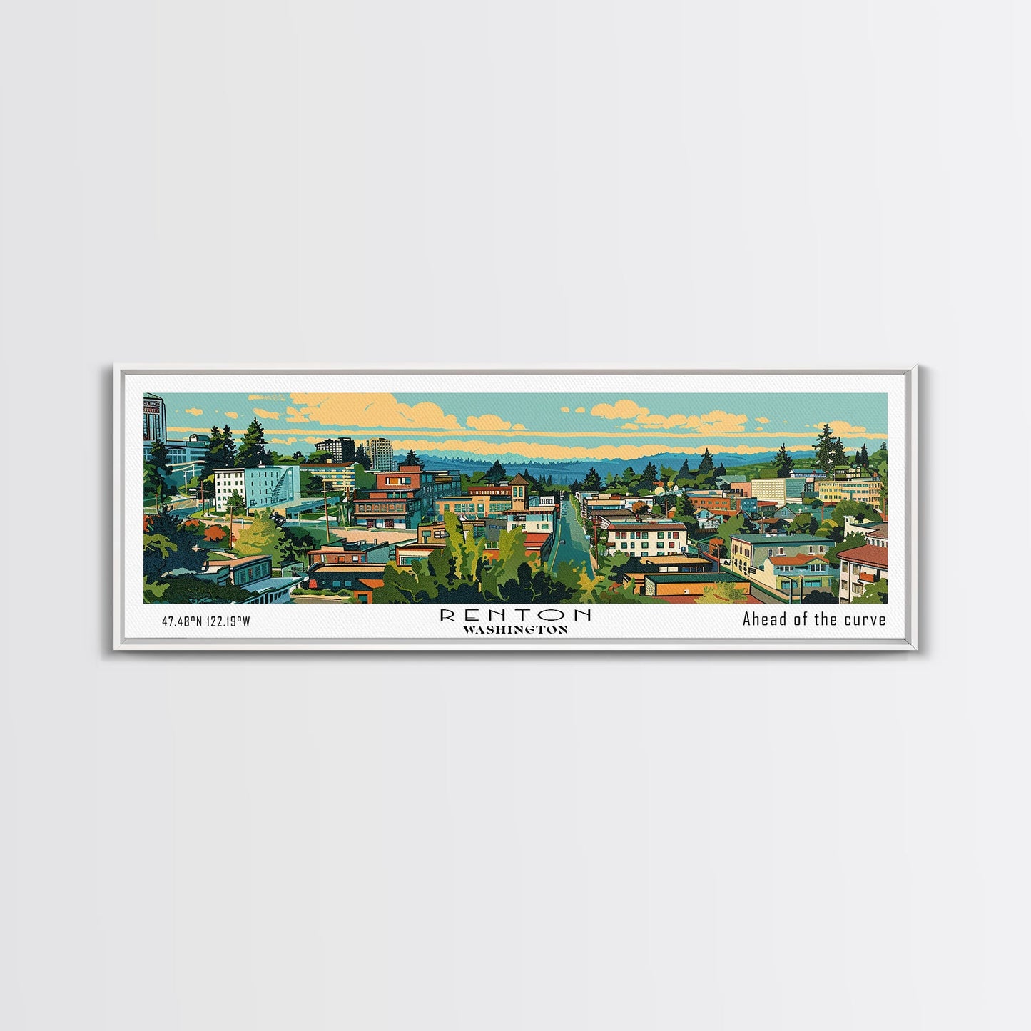 Renton Washington Panoramic Wall Art, Mid Century Modern Framed Canvas Print, Retro Pop Art Travel Poster, City Art, Office Wall Decor, Living Room Art