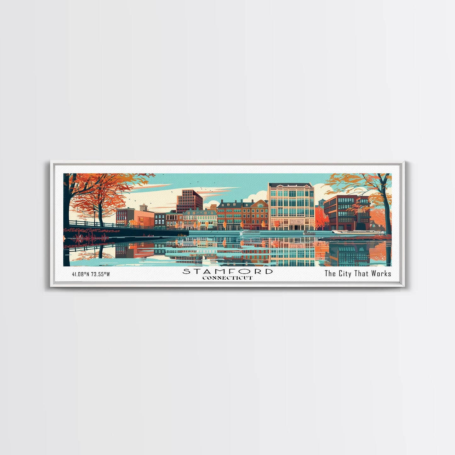 Stamford Connecticut Panoramic Painting, Mid Century Modern Framed Canvas Print, Retro Pop Art Travel Poster, Wall Hanging for Home Decor