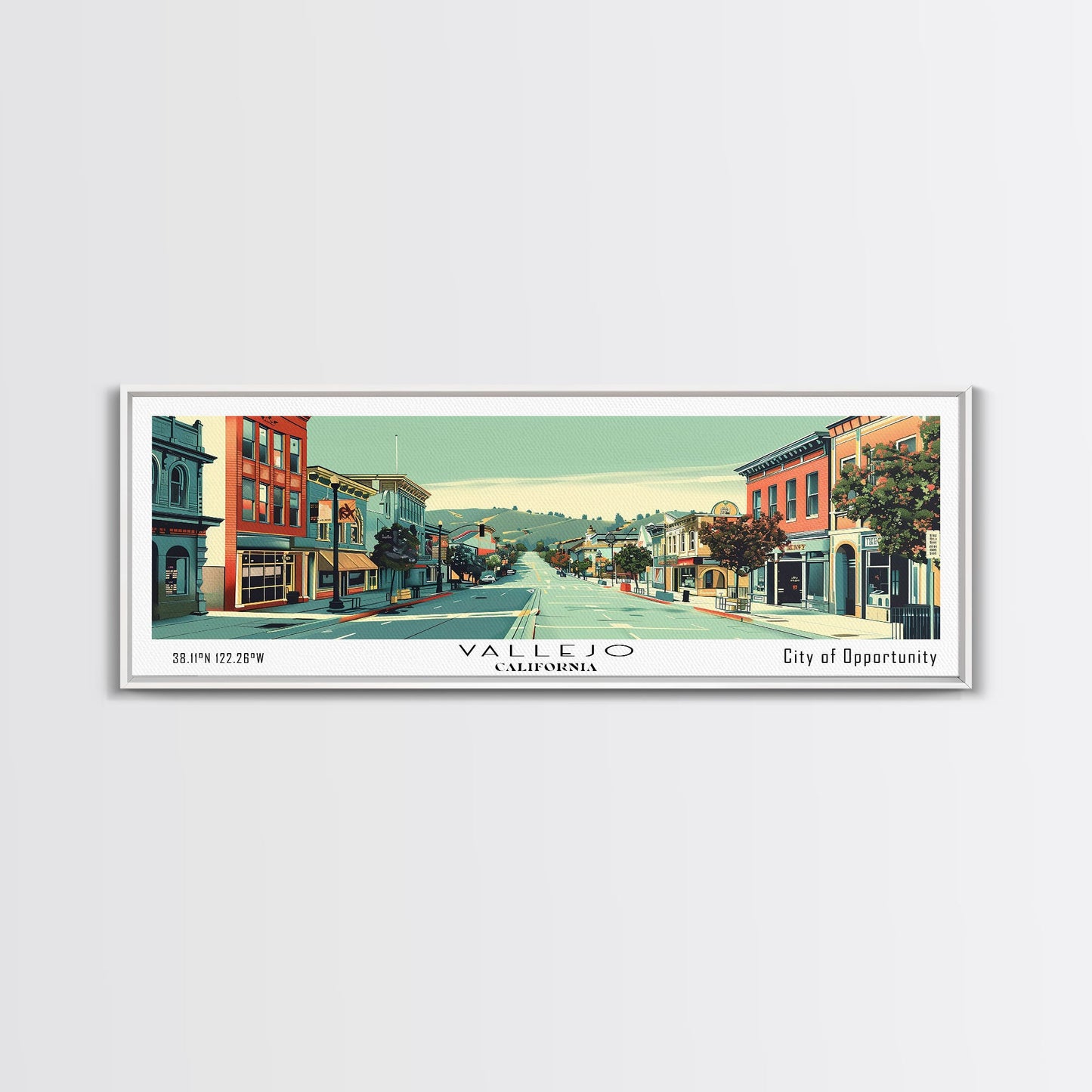 Vallejo California Panoramic Art, Mid Century Modern Framed Canvas Print, Retro Pop Art Travel Poster, City Print, Living Room Wall Decor