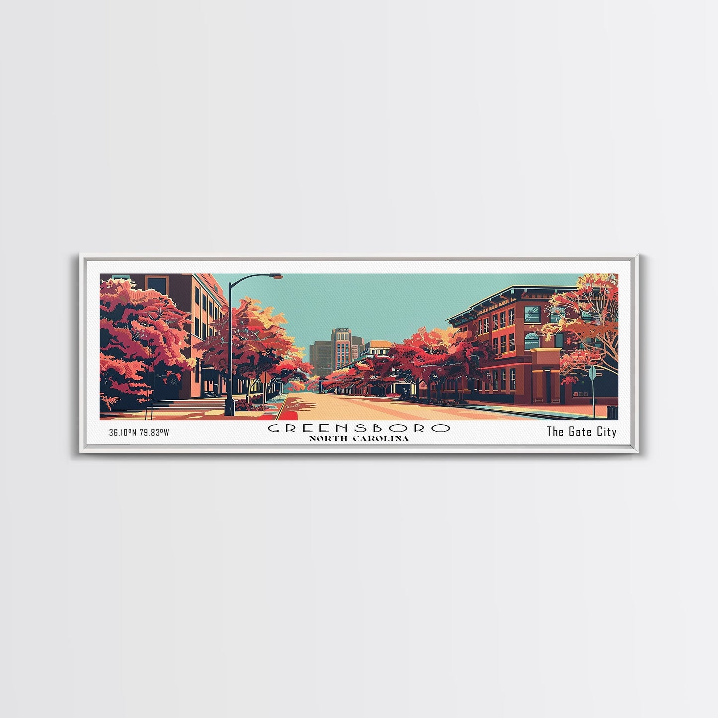 Greensboro North Carolina Panoramic Wall Art, Mid Century Modern Framed Canvas Print, Retro Pop Art Travel Poster, City Art, Living Room Decor, Home Office Decor