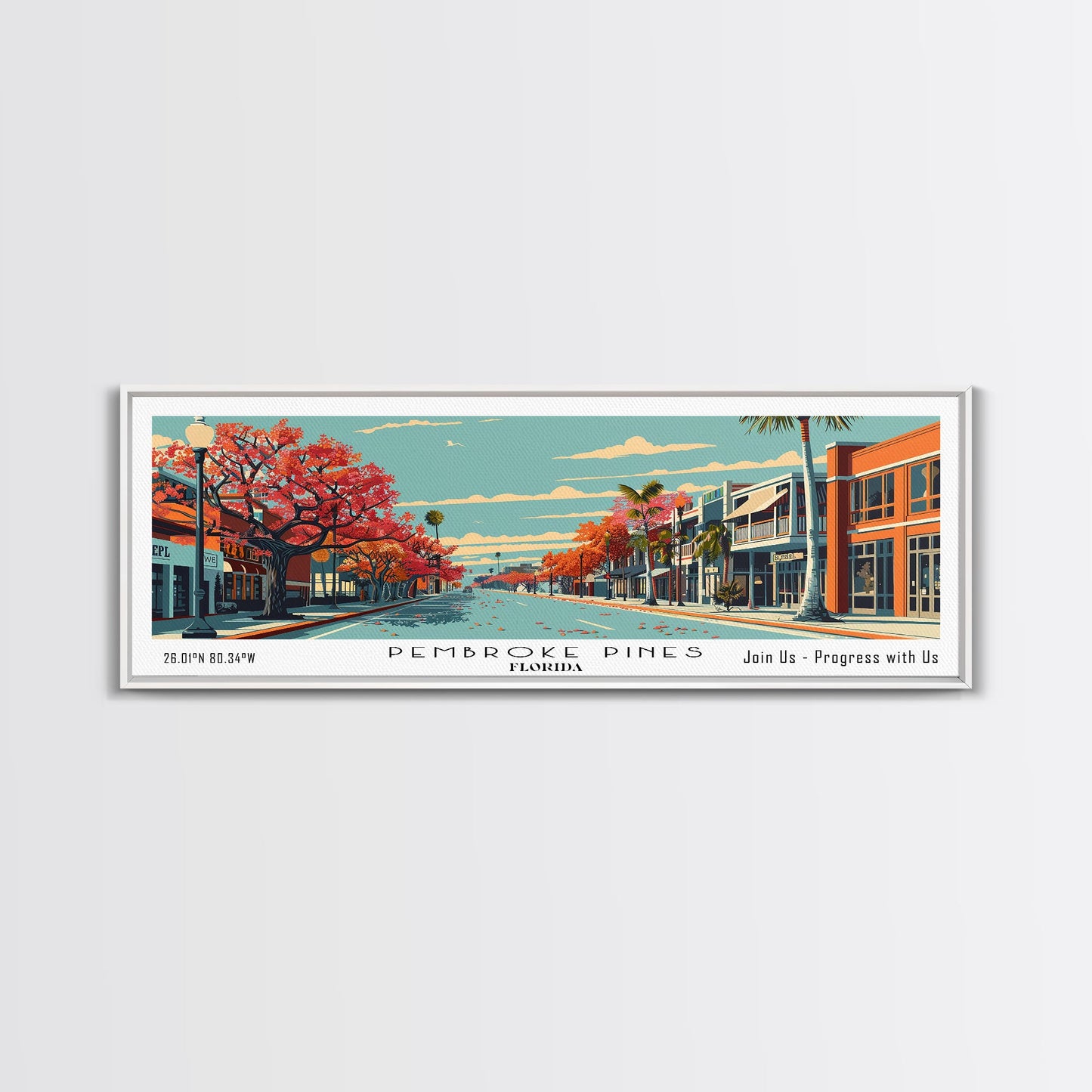 Pembroke Pines Florida Panoramic Wall Art, Mid Century Modern Framed Canvas Print, Retro Pop Art Travel Poster, Office Decor, Living Room Art