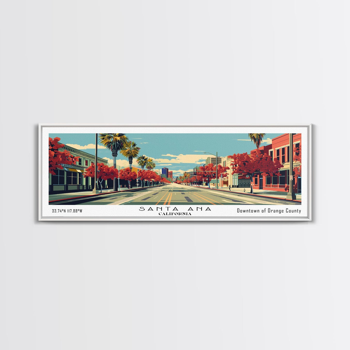 Santa Ana California Panoramic Wall Art, Mid Century Modern Framed Canvas Print, Retro Pop Art Cityscape, Travel Poster, Living Room Decor